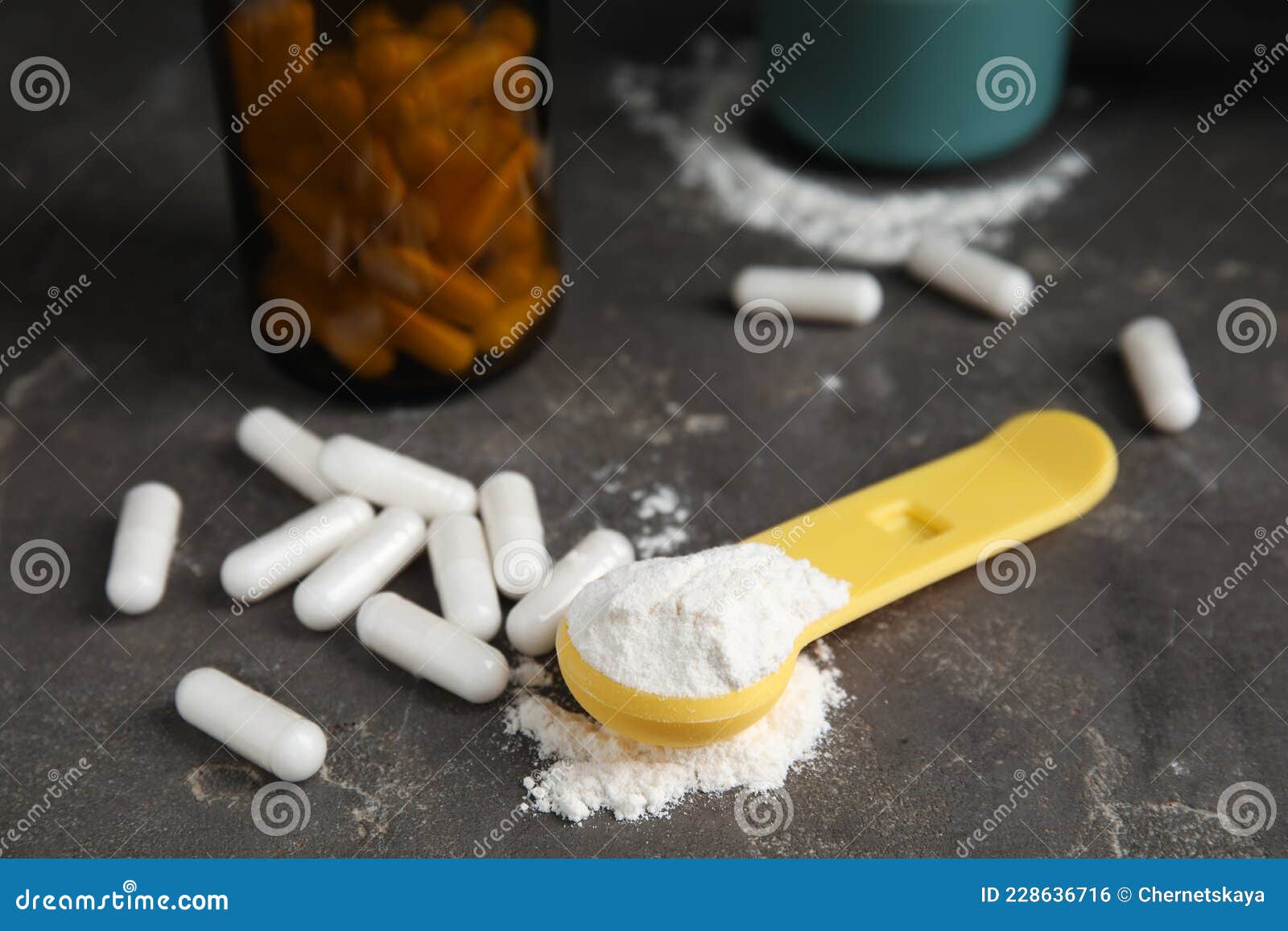 Amino Acid Pills and Powder on Grey Table Stock Photo Image of acids