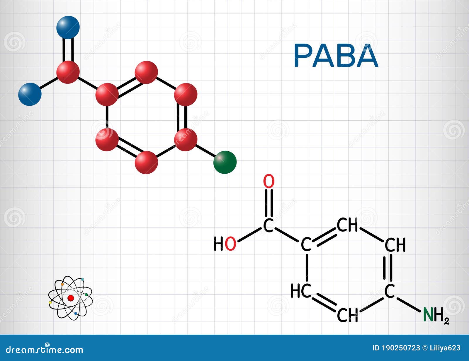 4-aminobenzoic acid, p-aminobenzoic acid,  paba molecule. it is essential nutrient for some bacteria and member of vitamin b