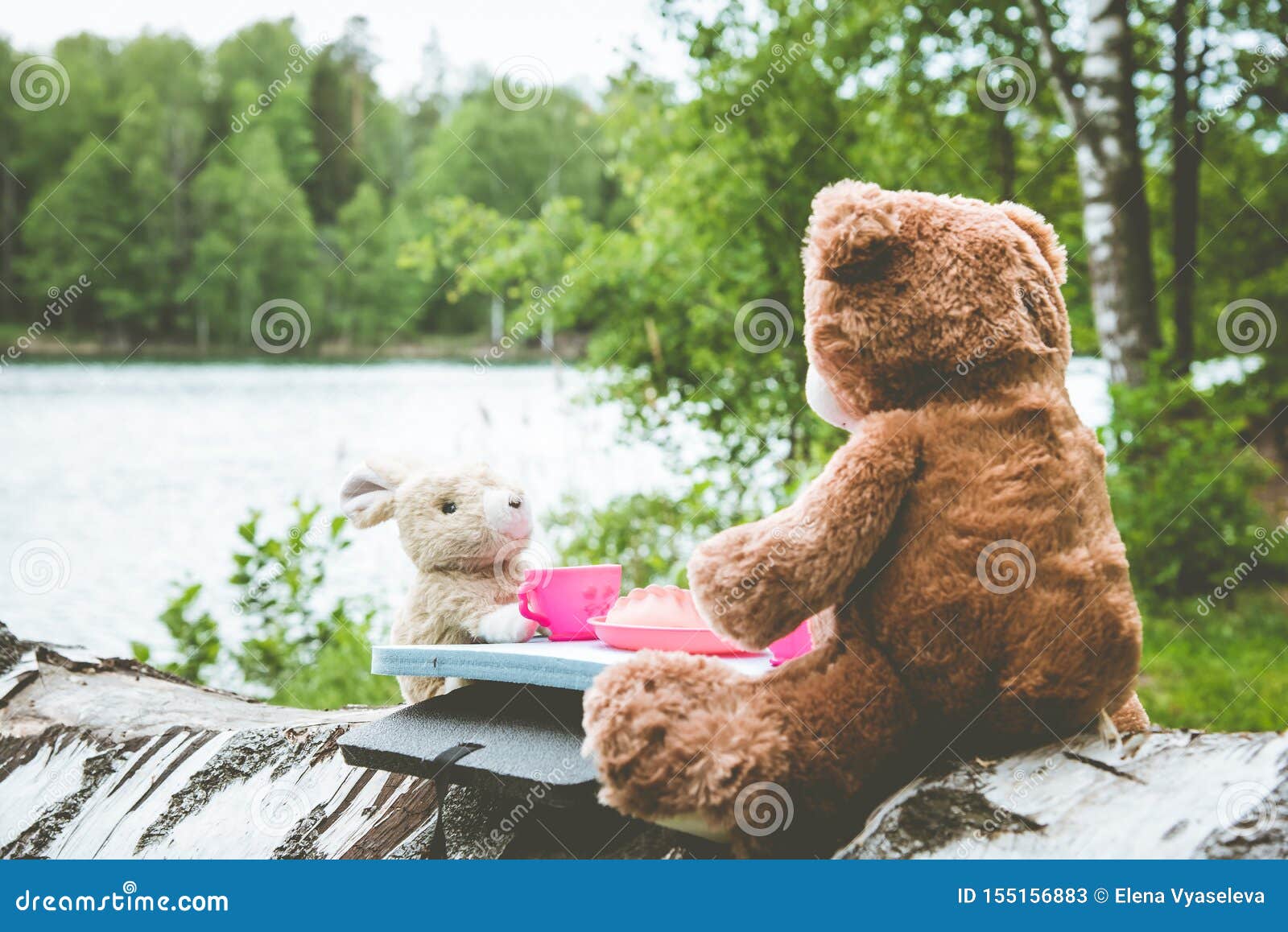 Amis Vrais Le Lapin Et Le Petit Ours Se Reposent Sur L Herbe Pendant Un Pique Nique En Parc Image Stock Image Du Animal Couverts