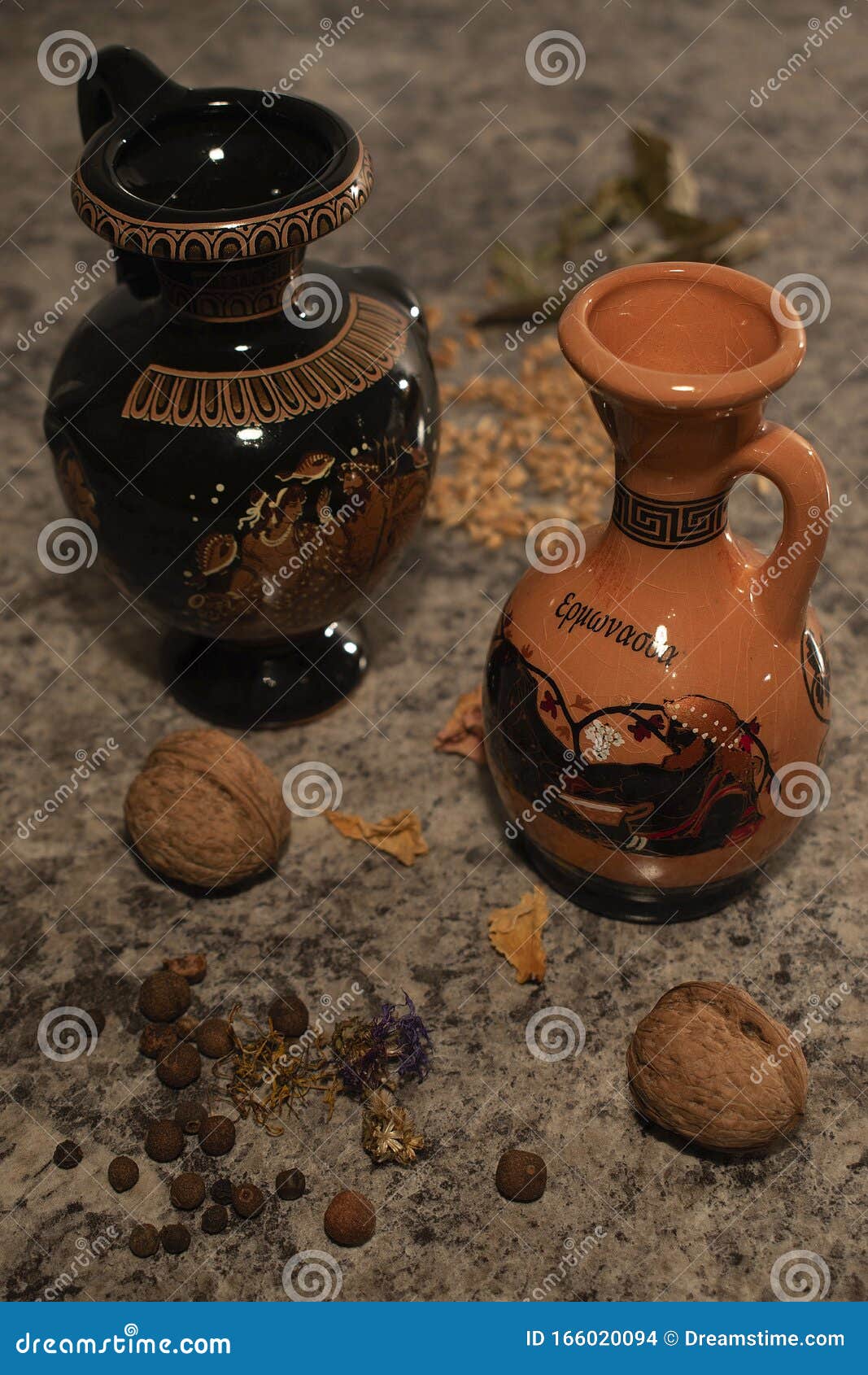Amphorae on a stone table stock photo. Image of nuts 166020094