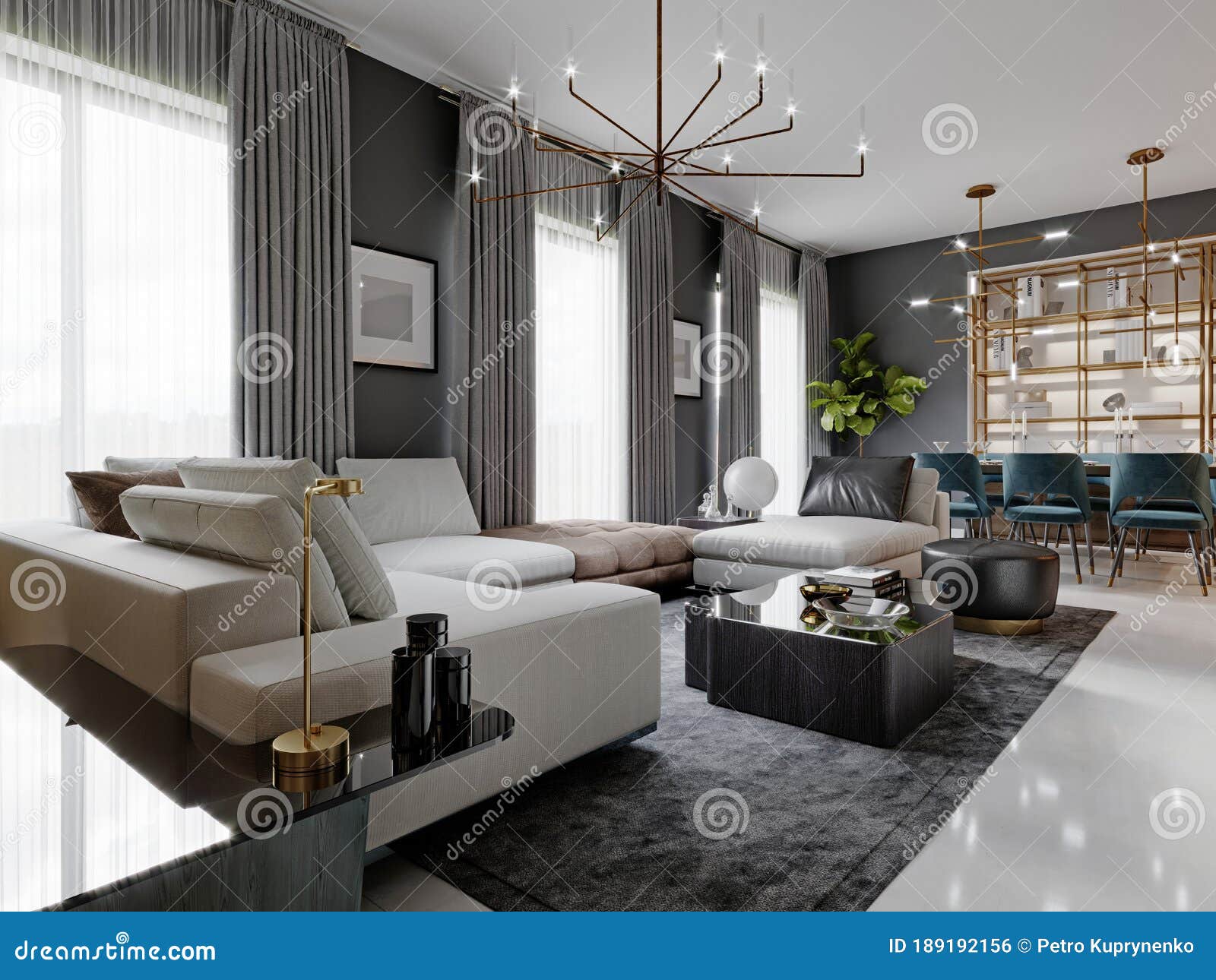 Amplio salón con un gran sofá esquinero blanco y mueble de tv, zona de  comedor con mesa de comedor. paredes grises y grandes ventanales.  representación 3d.
