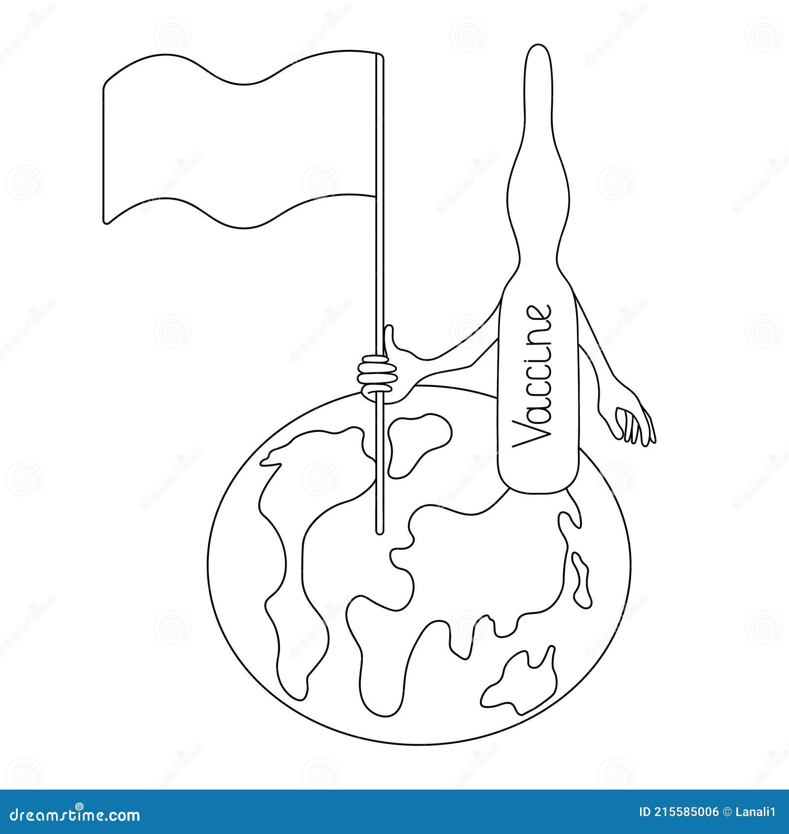 ampoule with a vaccine. immunizing the planet. sketch. a glass container with a medicine puts a flag on the globe. .