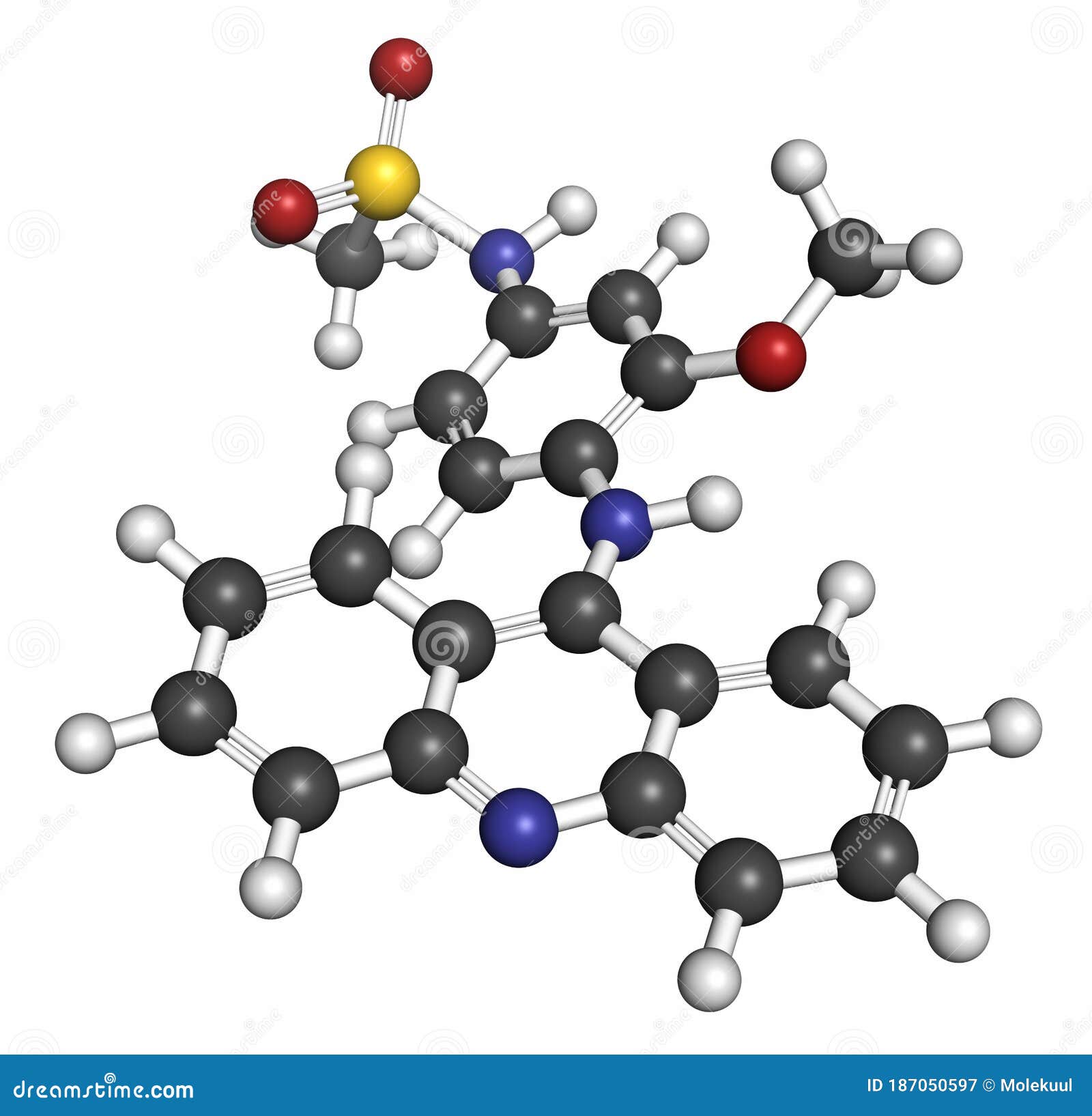 amsacrine cancer drug molecule (dna intercalating agent). atoms are represented as spheres with conventional color coding: