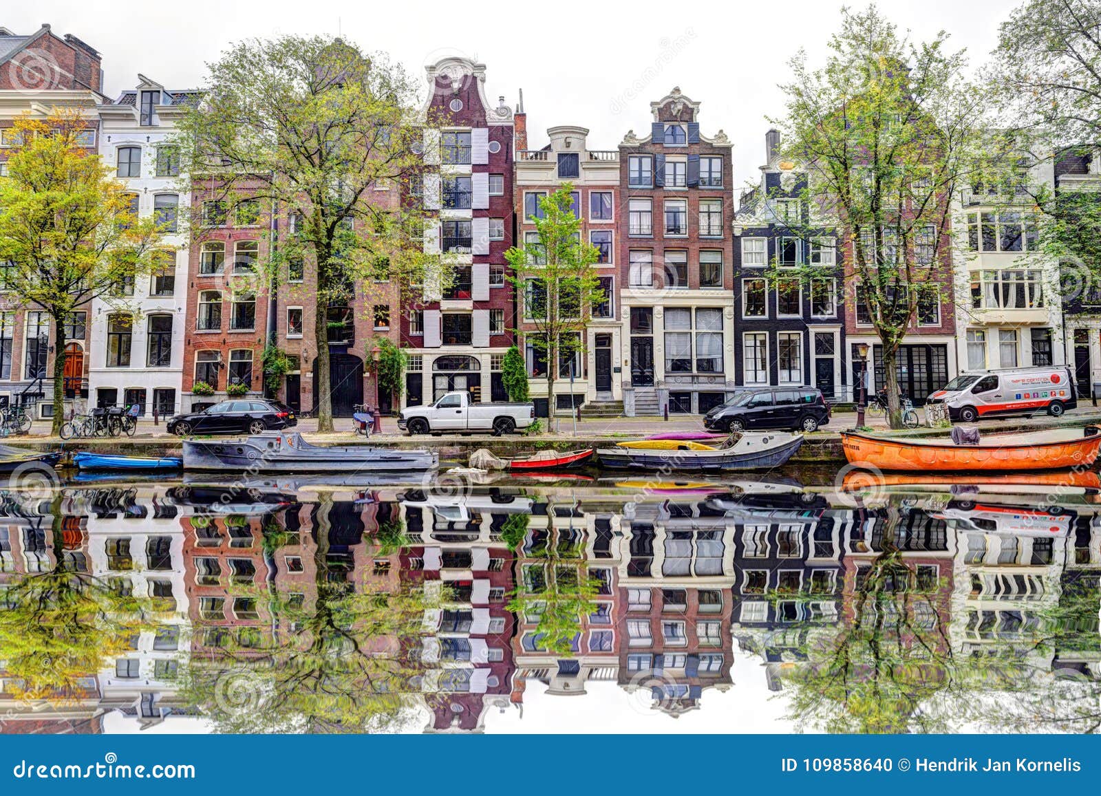 Amsterdam Canal Street with Water Reflection Editorial Image - Image of canal: