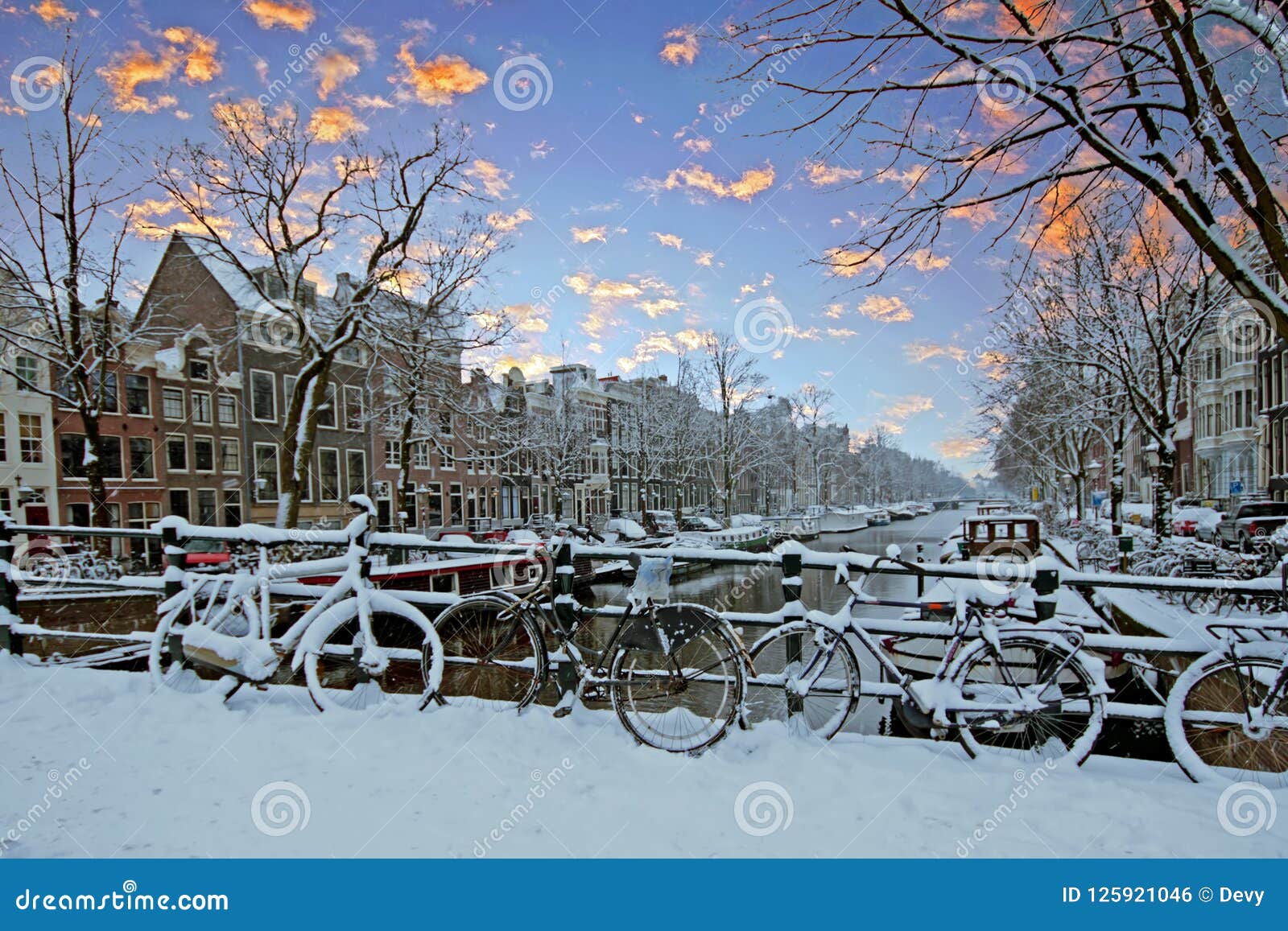 Amsterdam Covered With Snow In Winter In The Netherlands Stock Photo