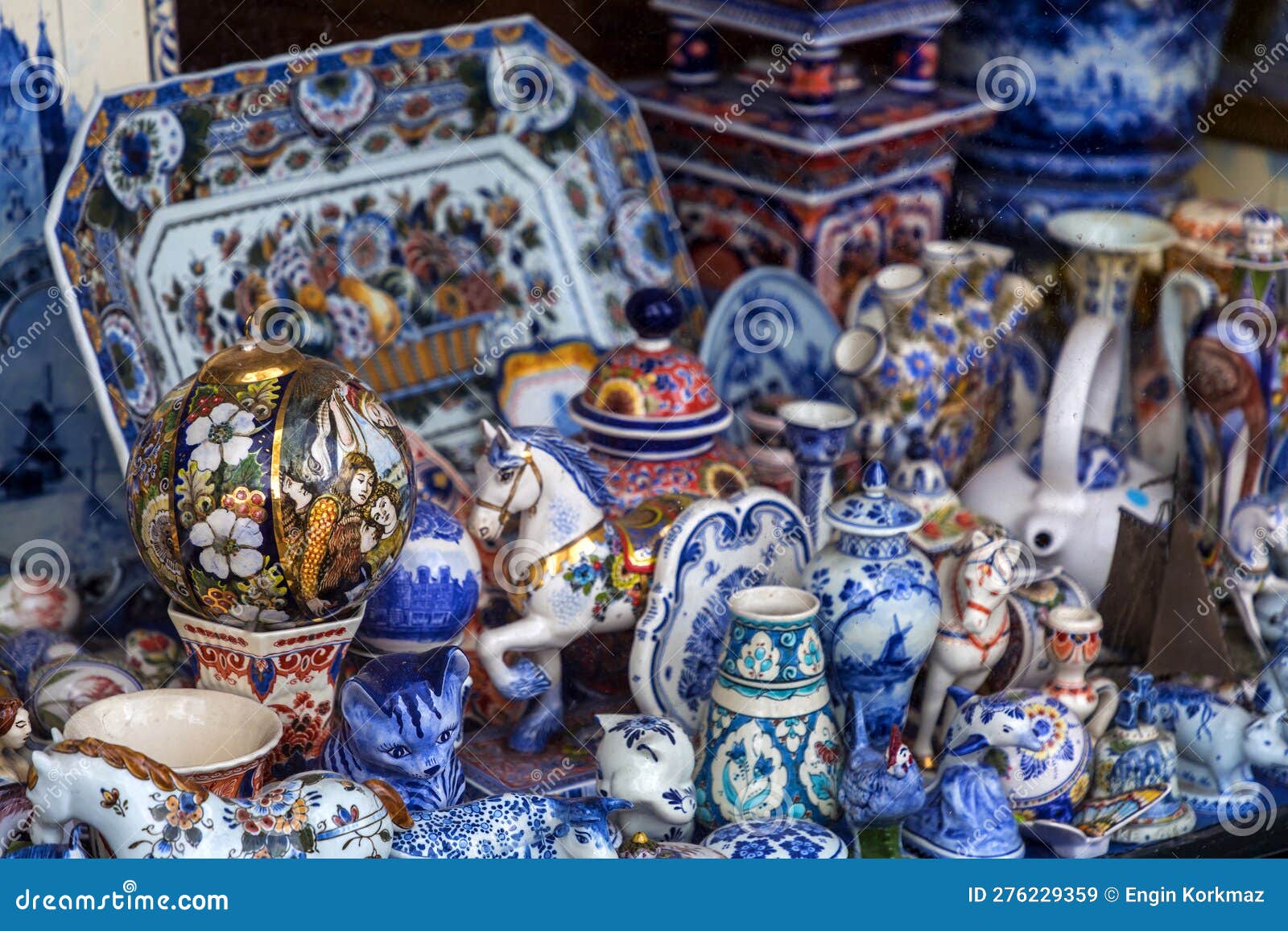 Traditional Delftware Pottery Objects Displayed at a Ceramic Shop in