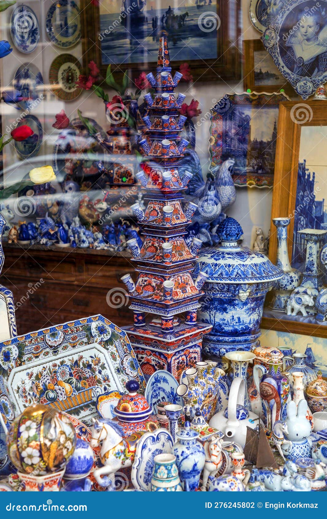 Traditional Delftware Pottery Objects Displayed at a Ceramic Shop in