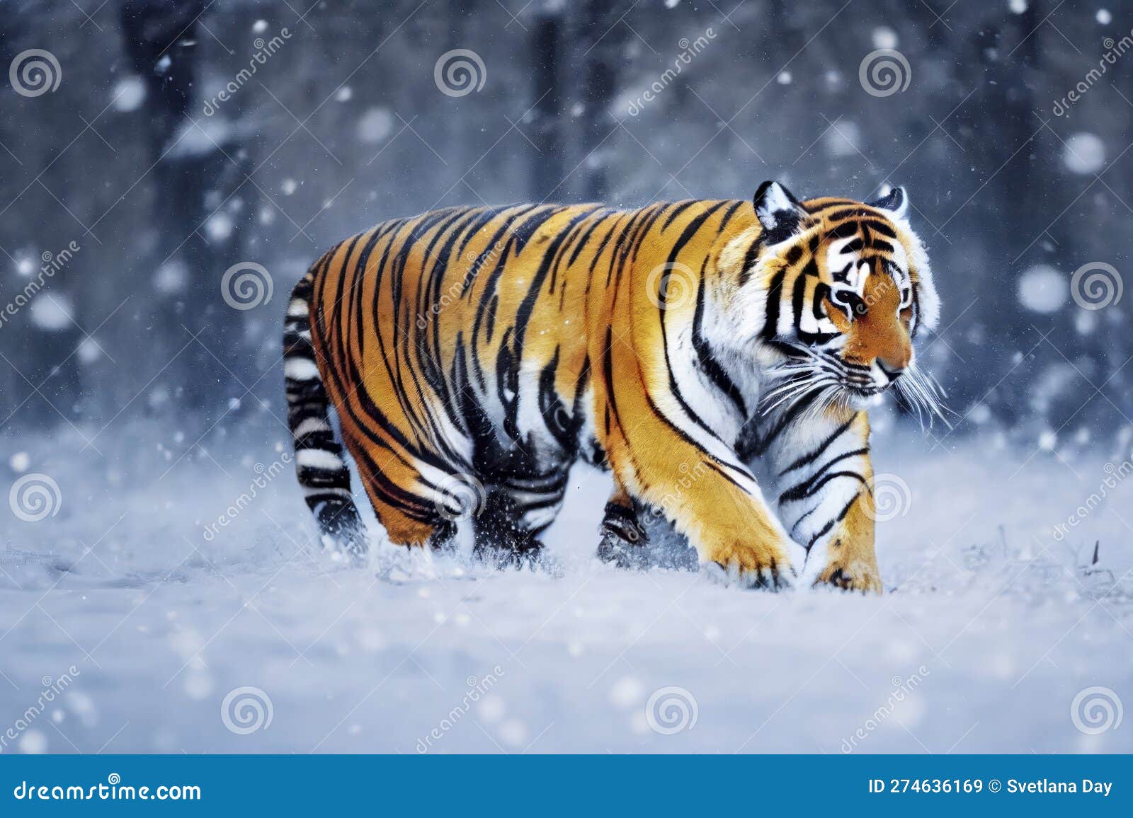 endangered amur tiger running in the cold winter snow in tajga, generative ai