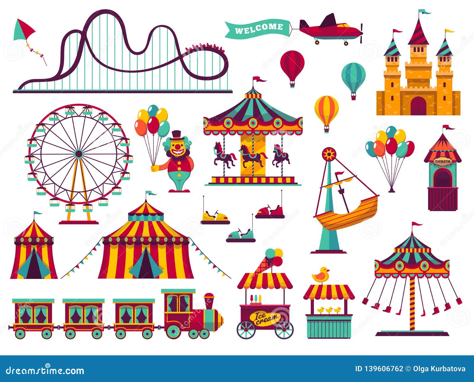 amusement park attractions set. carnival amuse kids carousels games fairground attraction play rollercoaster