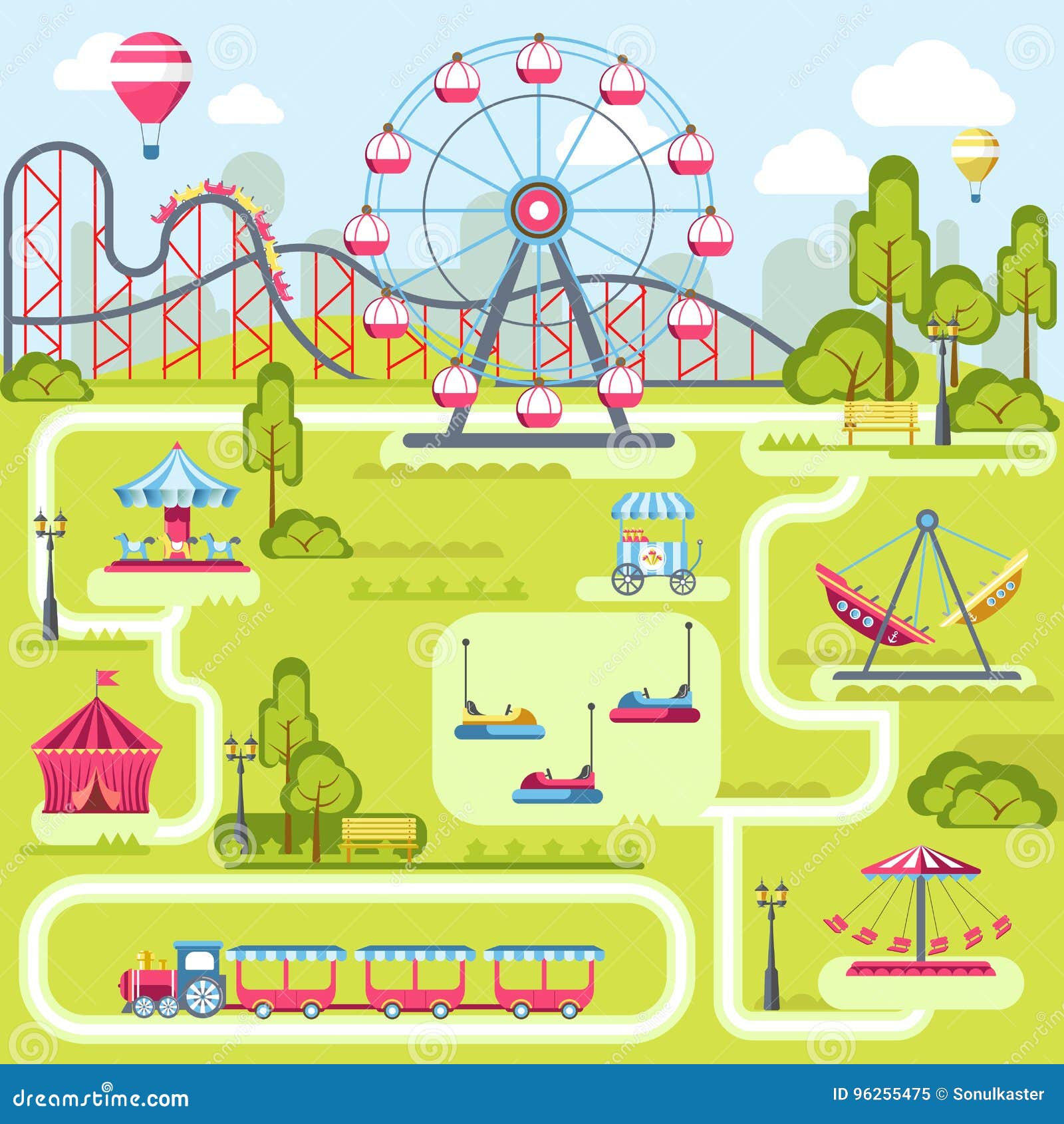 Amusement Park Attractions Vector Flat Plan Template Design Layout Merry Go Round Carousel Ferris Wheel Electric Cars 96255475 