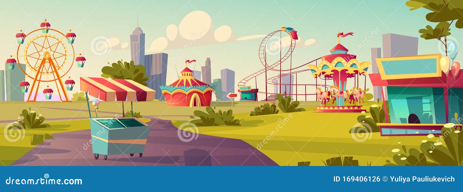 Amusement Park, Carnival or Festive Fair Cartoon Stock Vector -  Illustration of ferris, character: 169406126
