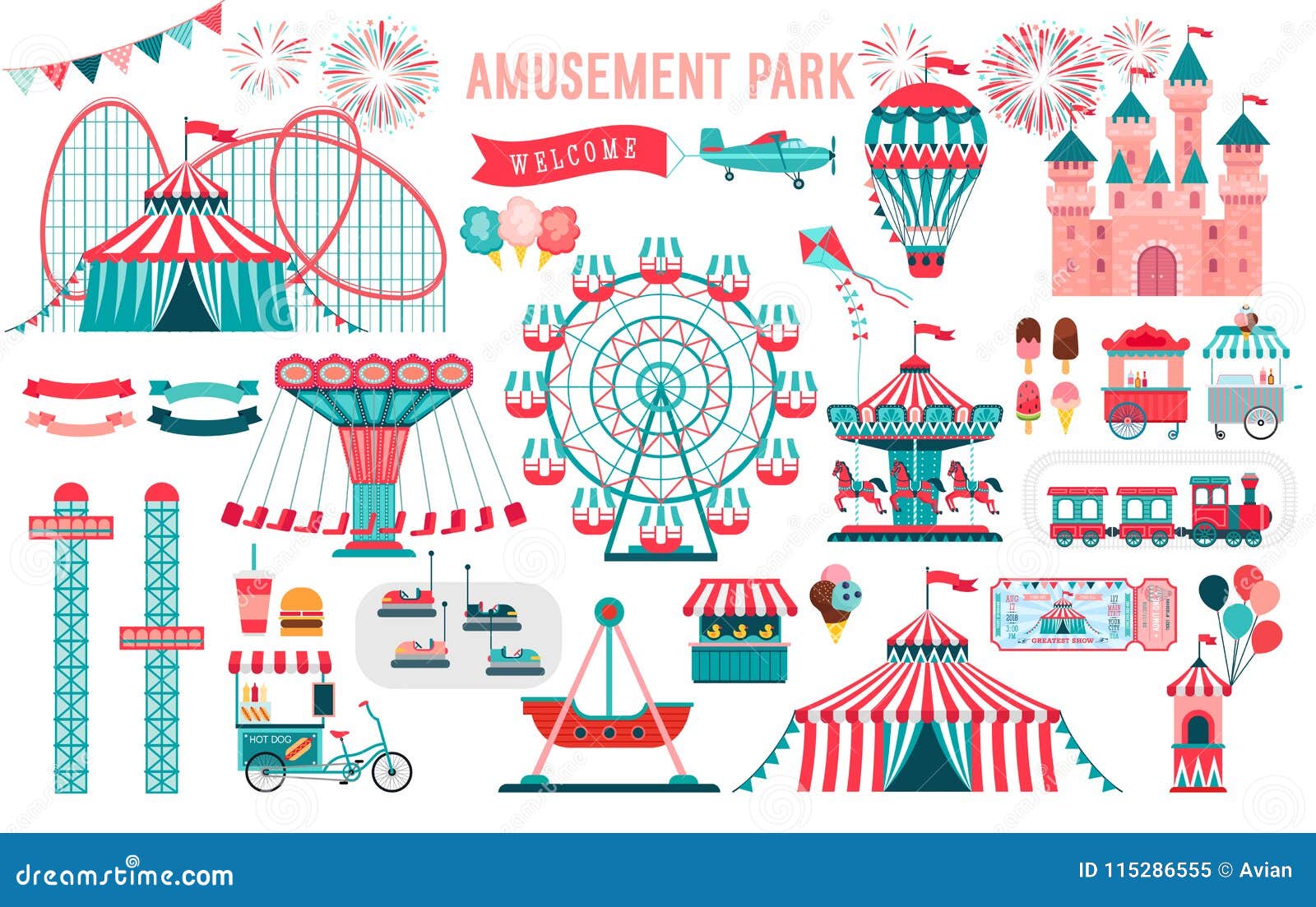 amusement park, circus and fun fair theme set, with roller coasters, carousels, castle, air balloon.