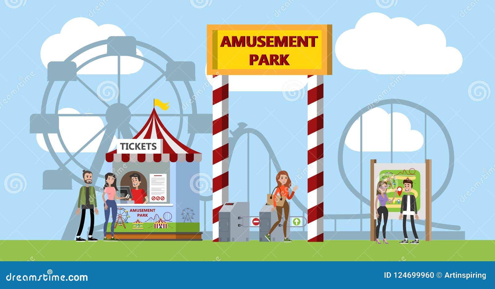 amusement park entrance with carousles on the background