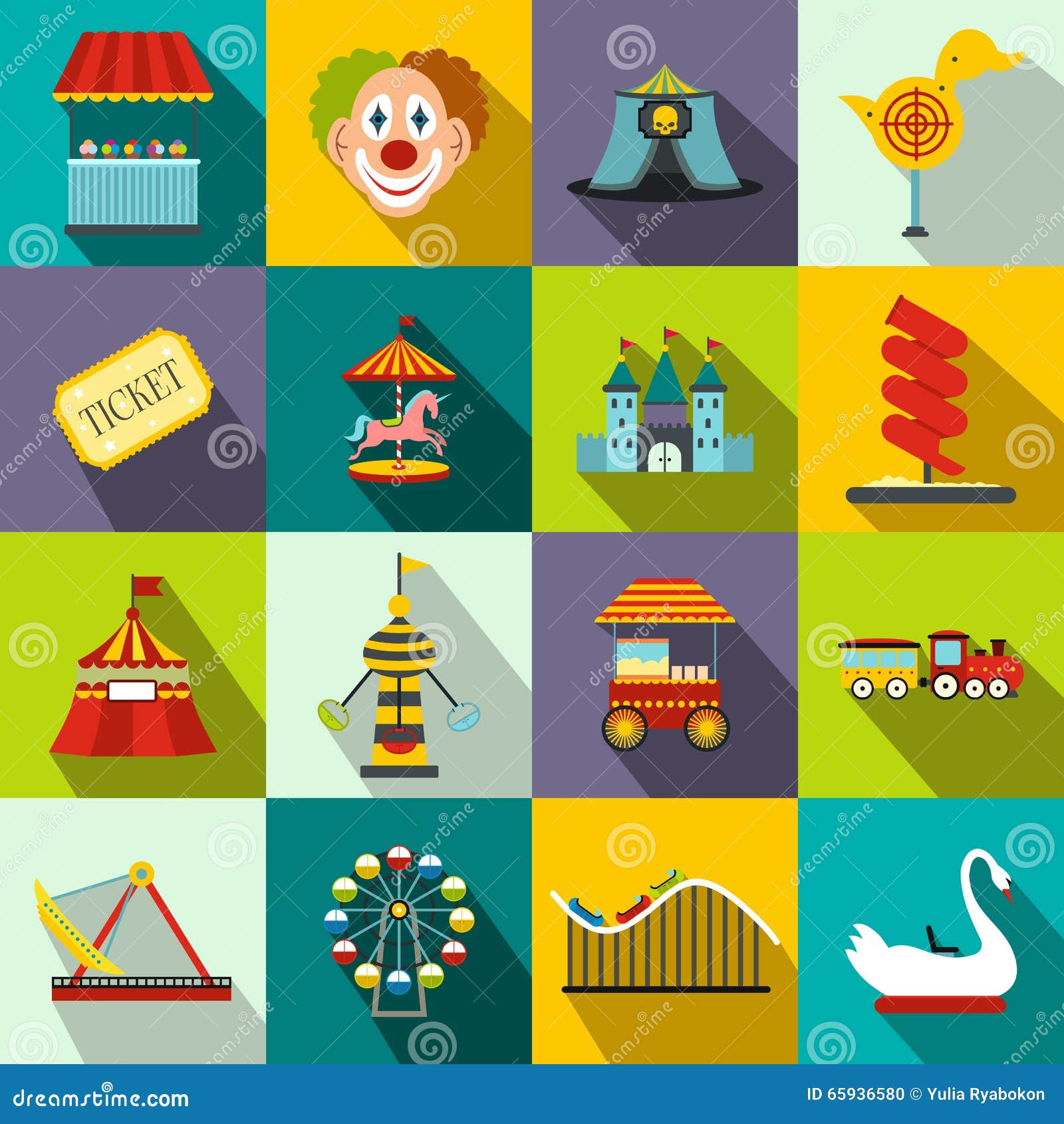 amusement park flat icons set