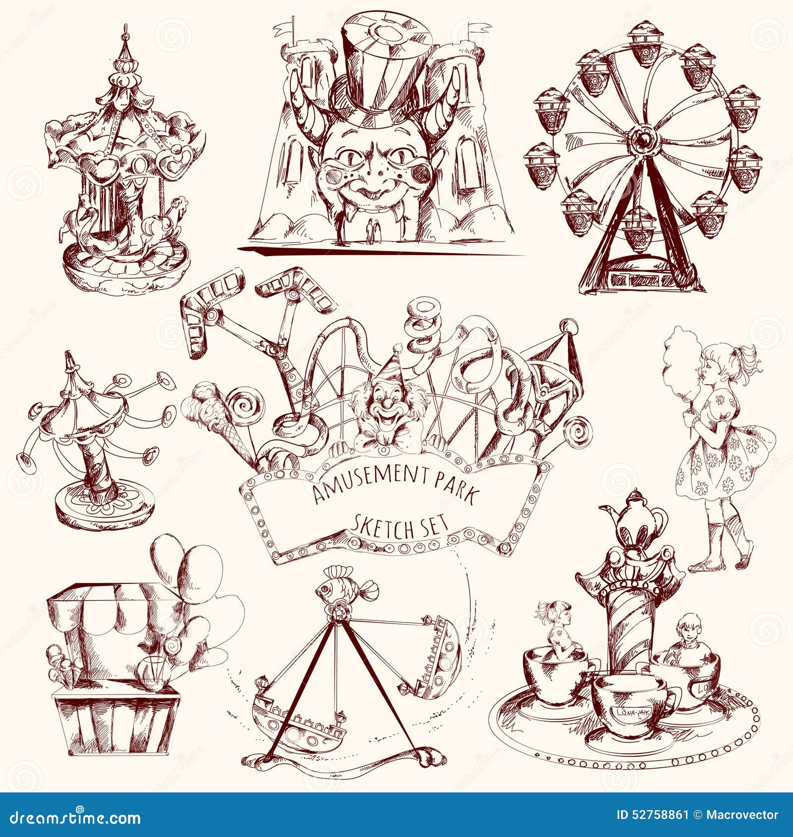 Outline Amusement Park Vector Illustrations Hand Drawn Attractions Food  Carousel Ferris Wheel Set Of Icons On White Background Stock Illustration   Download Image Now  iStock