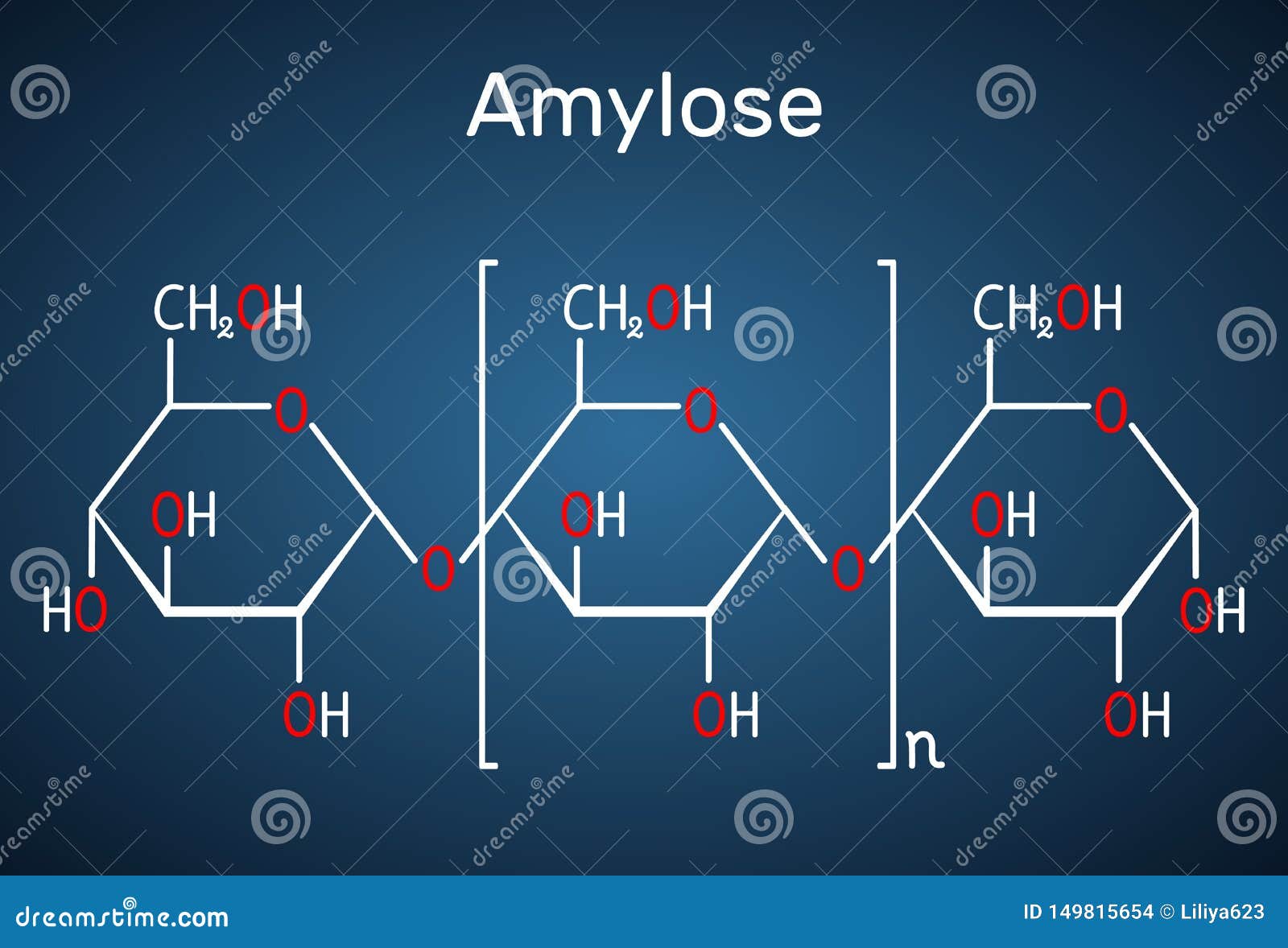 amylose molecule. it is a polysaccharide and one of the two components of starch. structural chemical formula on the dark blue