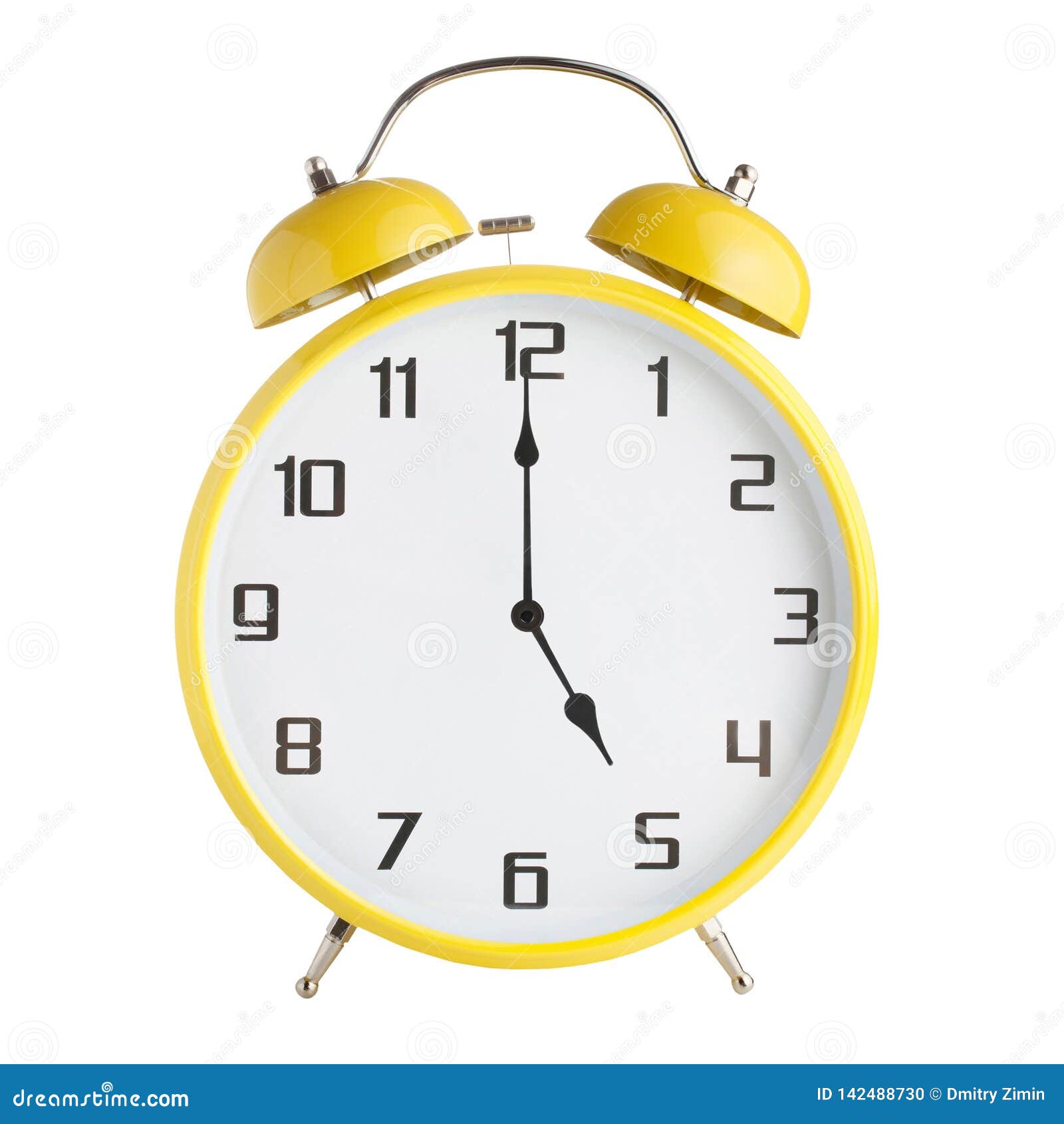 Analog Alarm Clock Showing Five O`clock, 5pm or 5 am Isolated on White