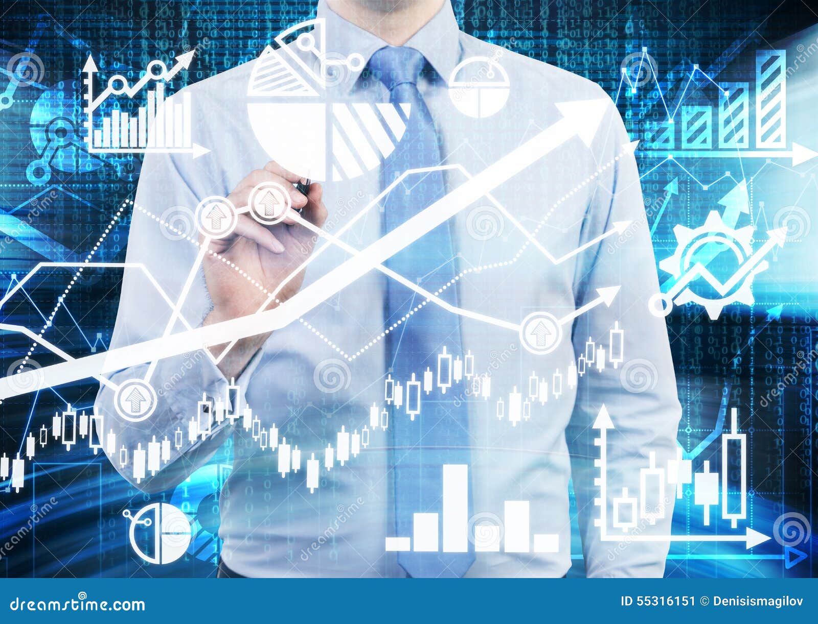 analyst is drawing a financial calculations and predictions on the glass screen. graphs, charts and arrows everywhere.