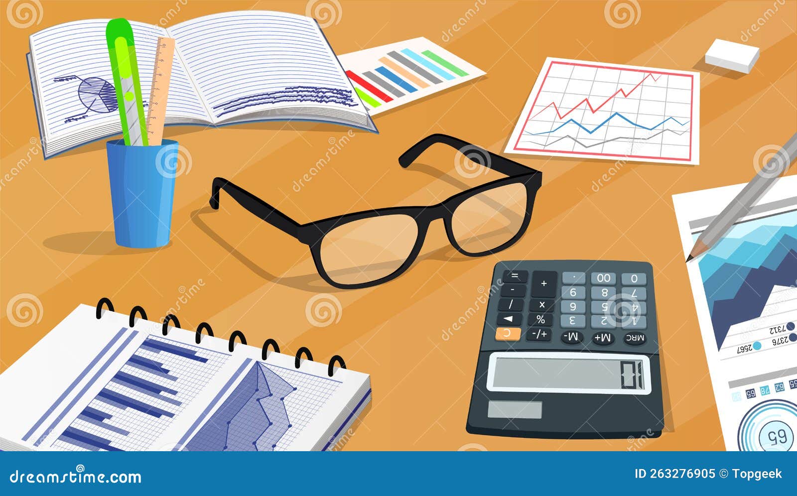 Analyst Workplace with Documents, Stationery, Calculator, Report with