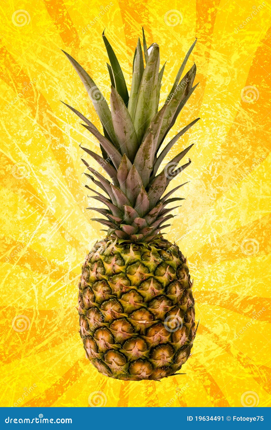 Ananas sur la spirale jaune. Un ananas simple sur un fond spiralé jaune sale