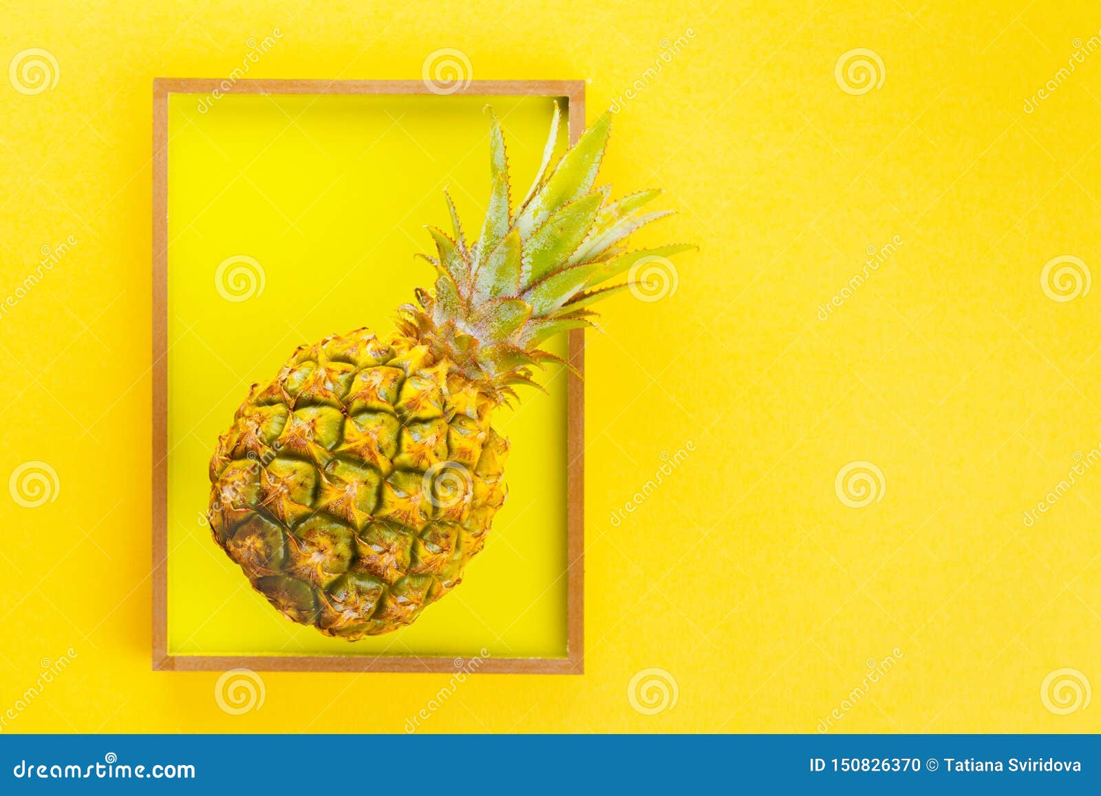 Ananas w ramie na lato koloru żółtego tle. Dziecko ananas wśrodku drewnianej ramy na jaskrawym ciepłym rozjarzonym lato koloru żółtego tle Egzotyczny poj?cie z kopii przestrzeni?