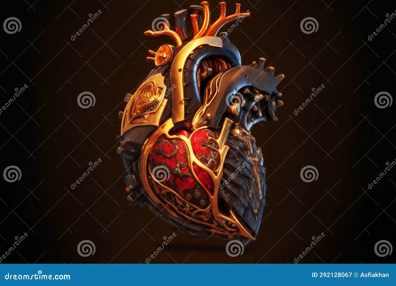anatomical human golden heart with veins, ventricles and arteries