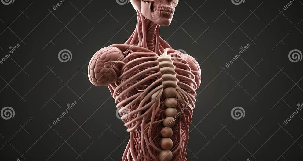Anatomy of a Human Torso Showcasing Internal Organs and Skeletal Biology Diagrams