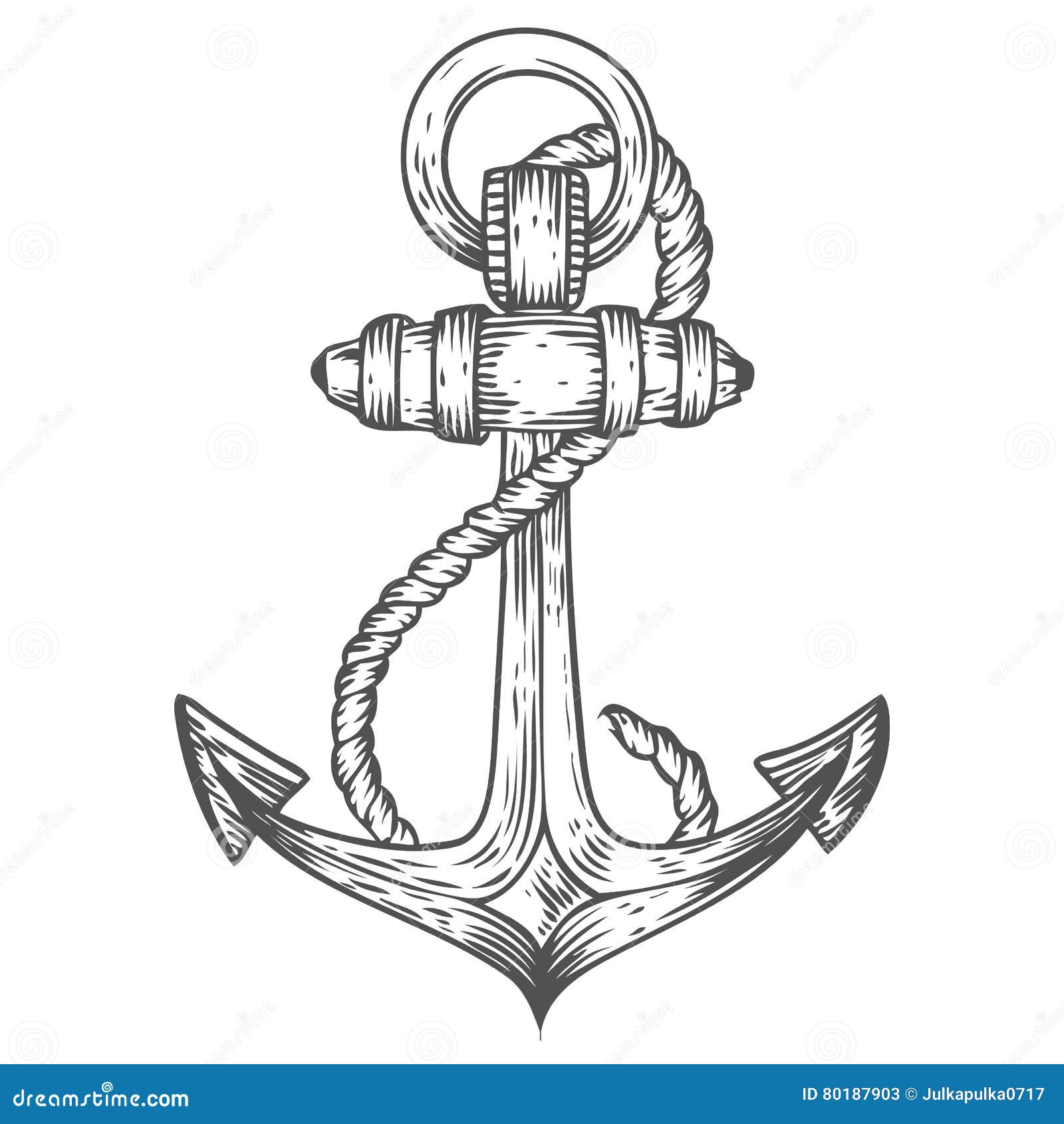 Anchor with Rope Engraving Hand Drawn Sketch Vector Nautical ...