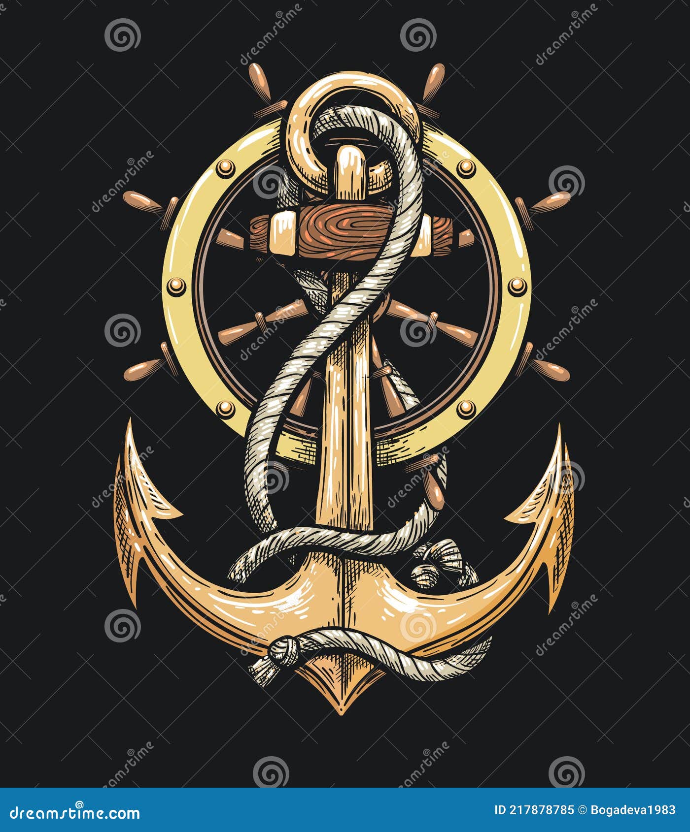 Anchor in Ropes and Ship Wheel Stock Vector  Illustration of border rope  217878785