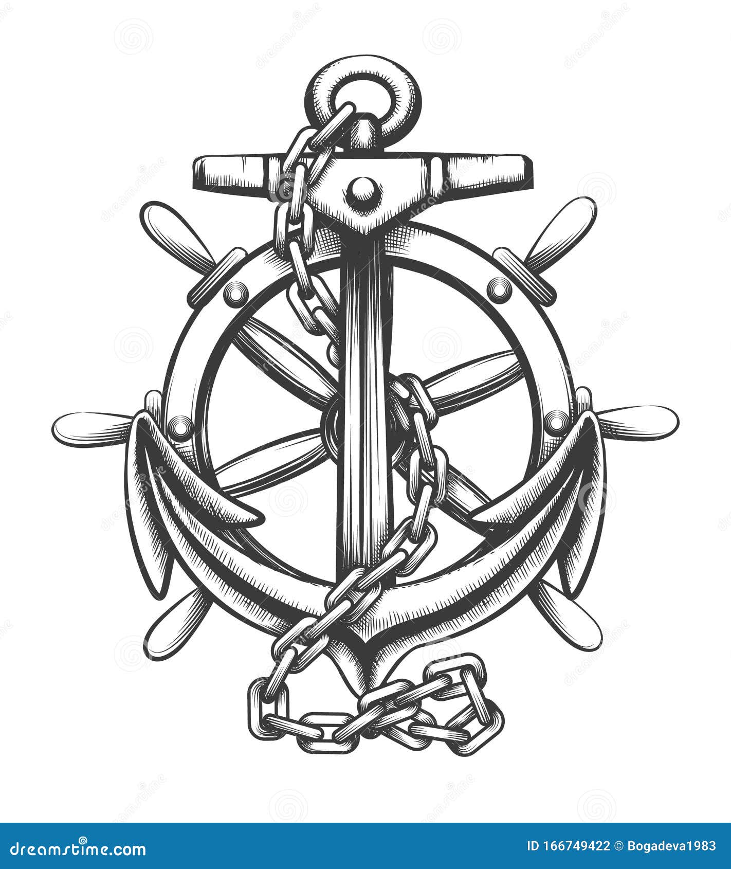Anchor And Ship Wheel Tattoo In Engraving Style. Vector Illustration Stock  Vector - Illustration Of Helm, Antique: 166749422