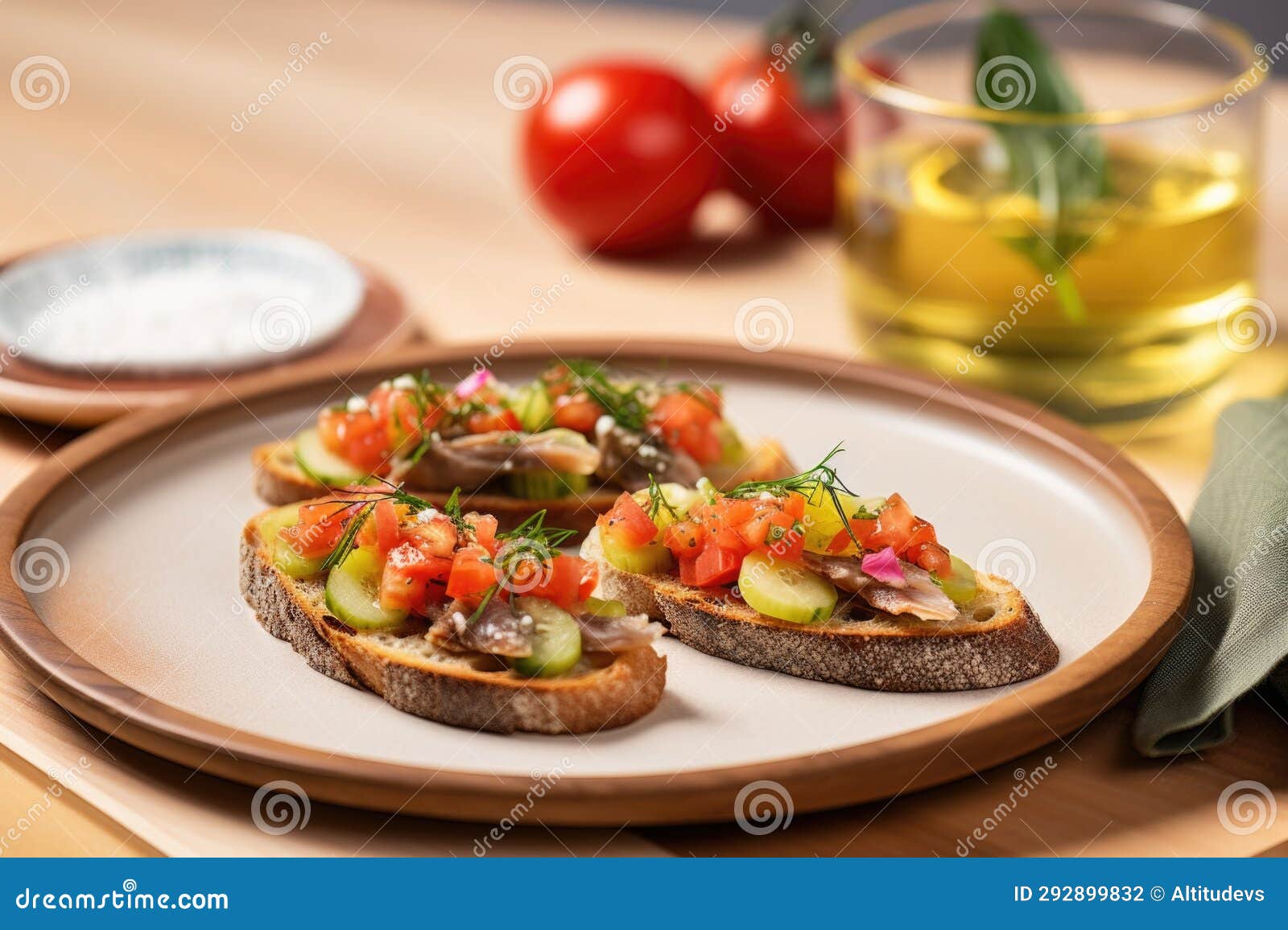 Anchovy Bruschetta with a Side of Pickles on a Circular Plate Stock