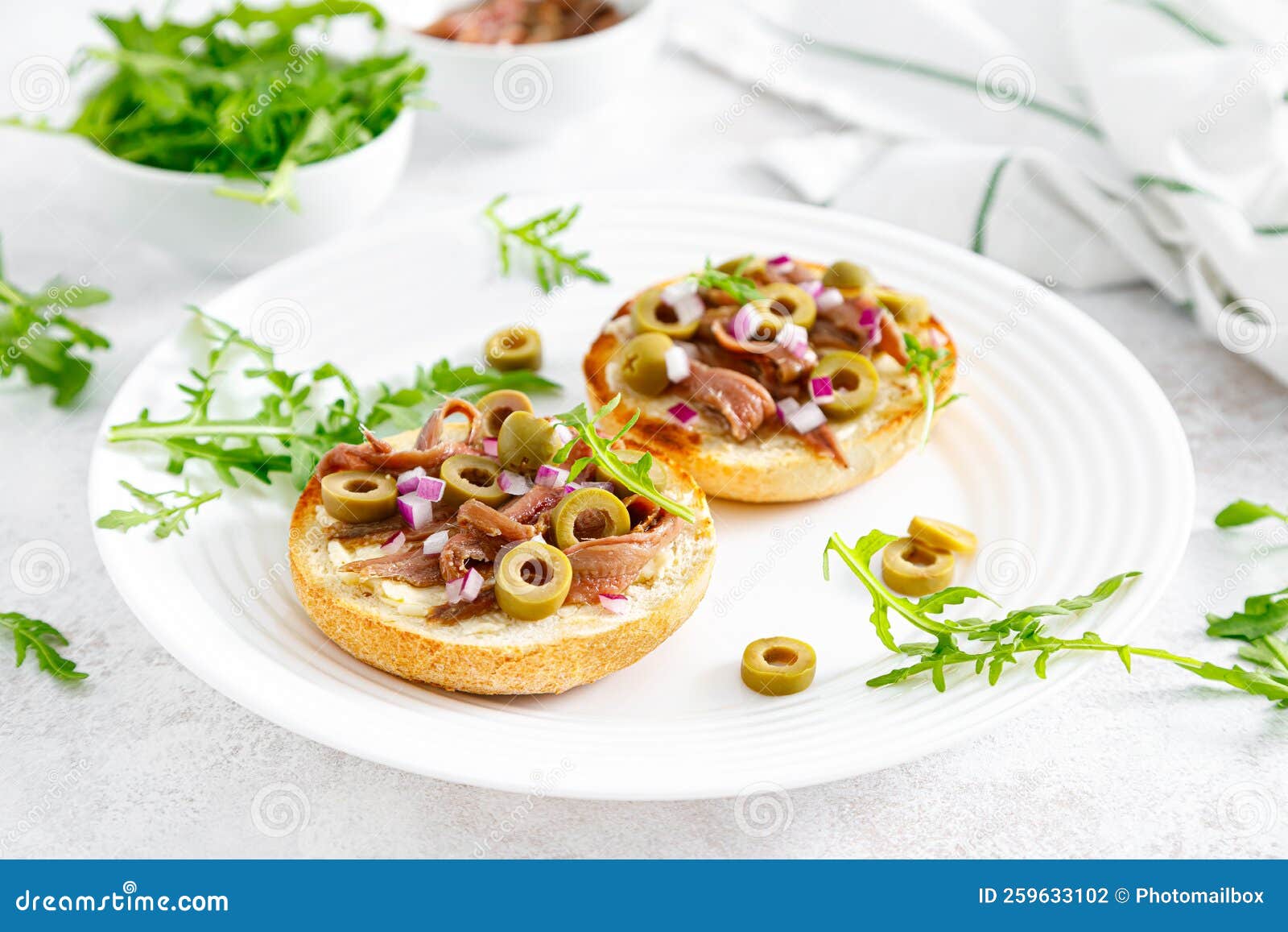Anchovy Toasts with Olives and Arugula Stock Photo Image of diet