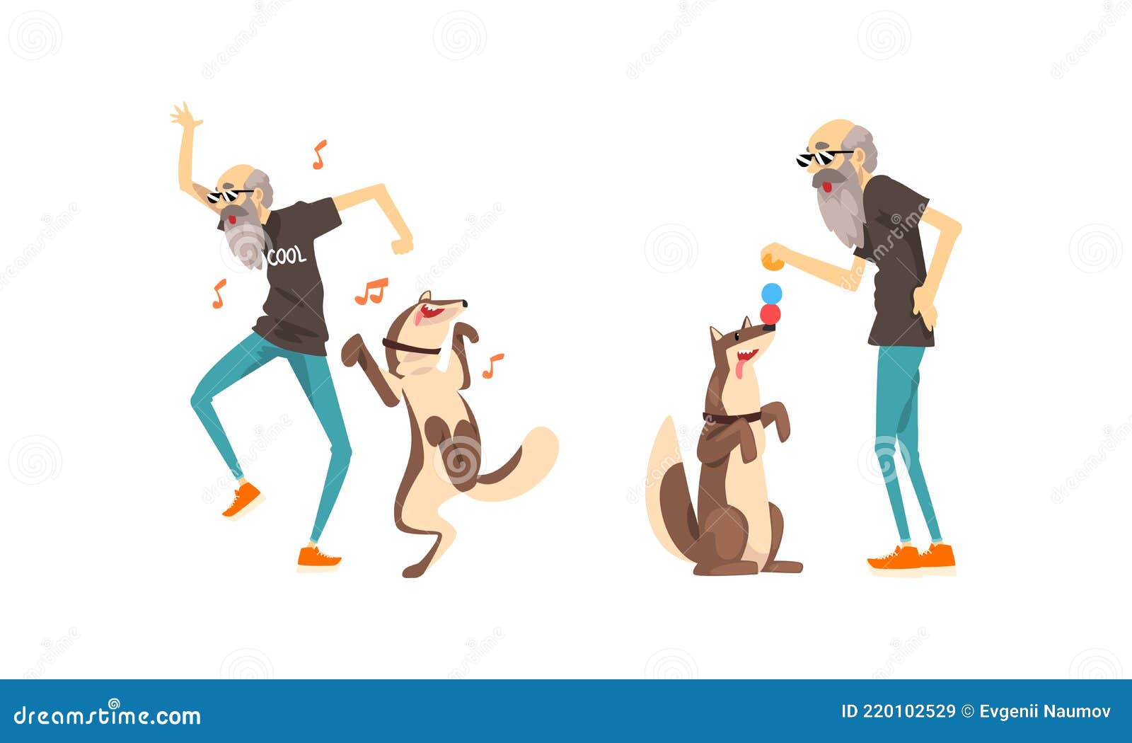 Anciano Jugando Y Bailando Con Su Perro Conjunto Solitario Hombre Mayor Que Tiene Su Mascota Animal De Dibujos Ani Ilustración del Vector - Ilustración de animal, abuelo: 220102529
