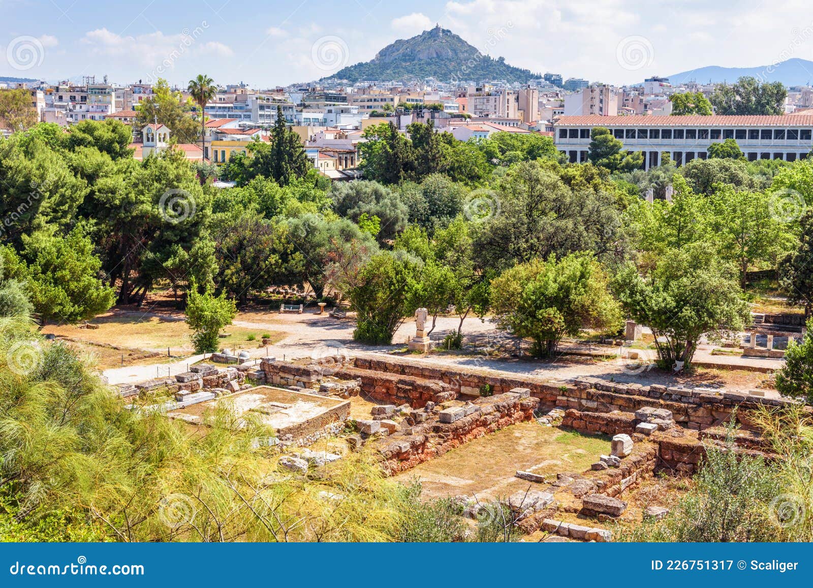 Ancient Agora In Athens Greece View Of Greek Ruins And Mount