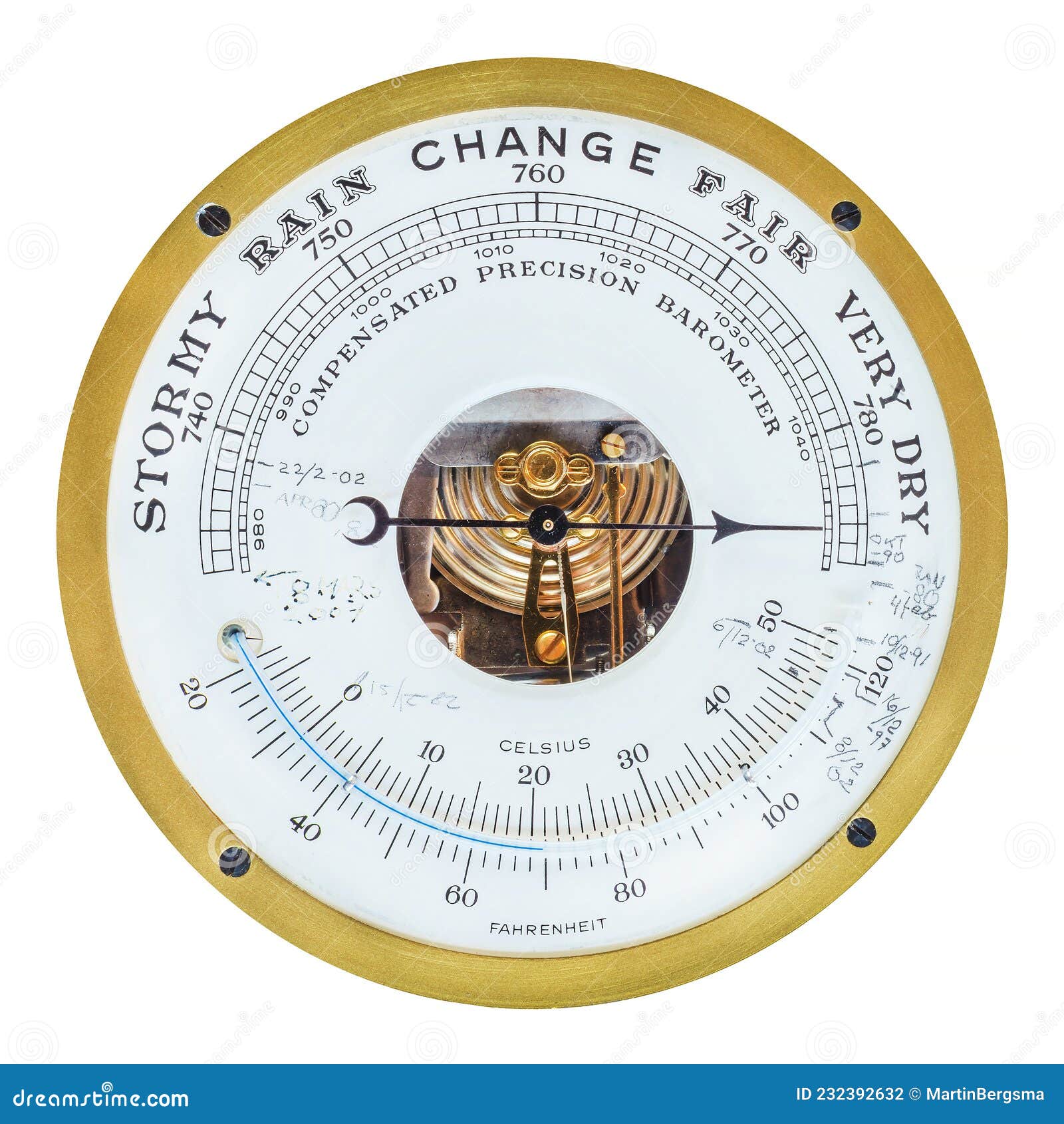 Ancient Barometer with Thermometer and Handwritten Dates Written
