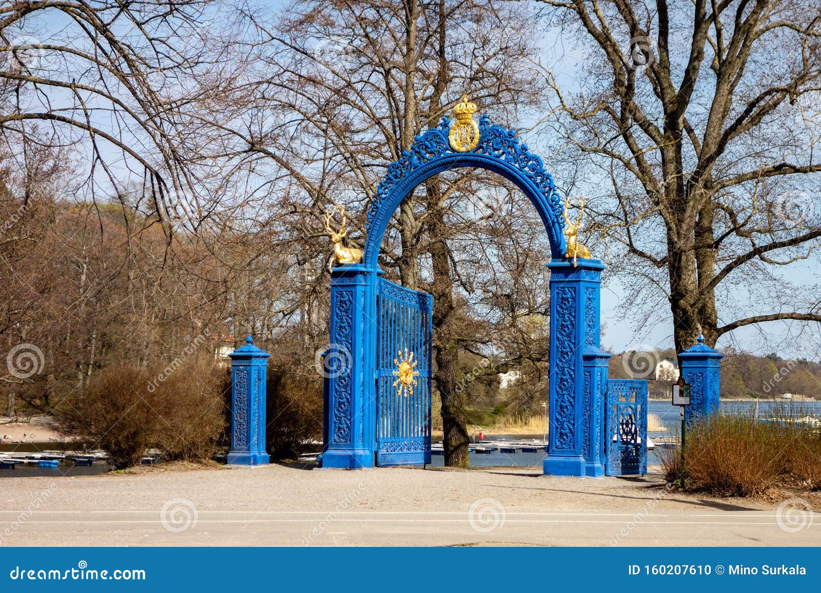 ancient blue gate as an entrance to royal djurgarden kungliga djurgarden in stockholm