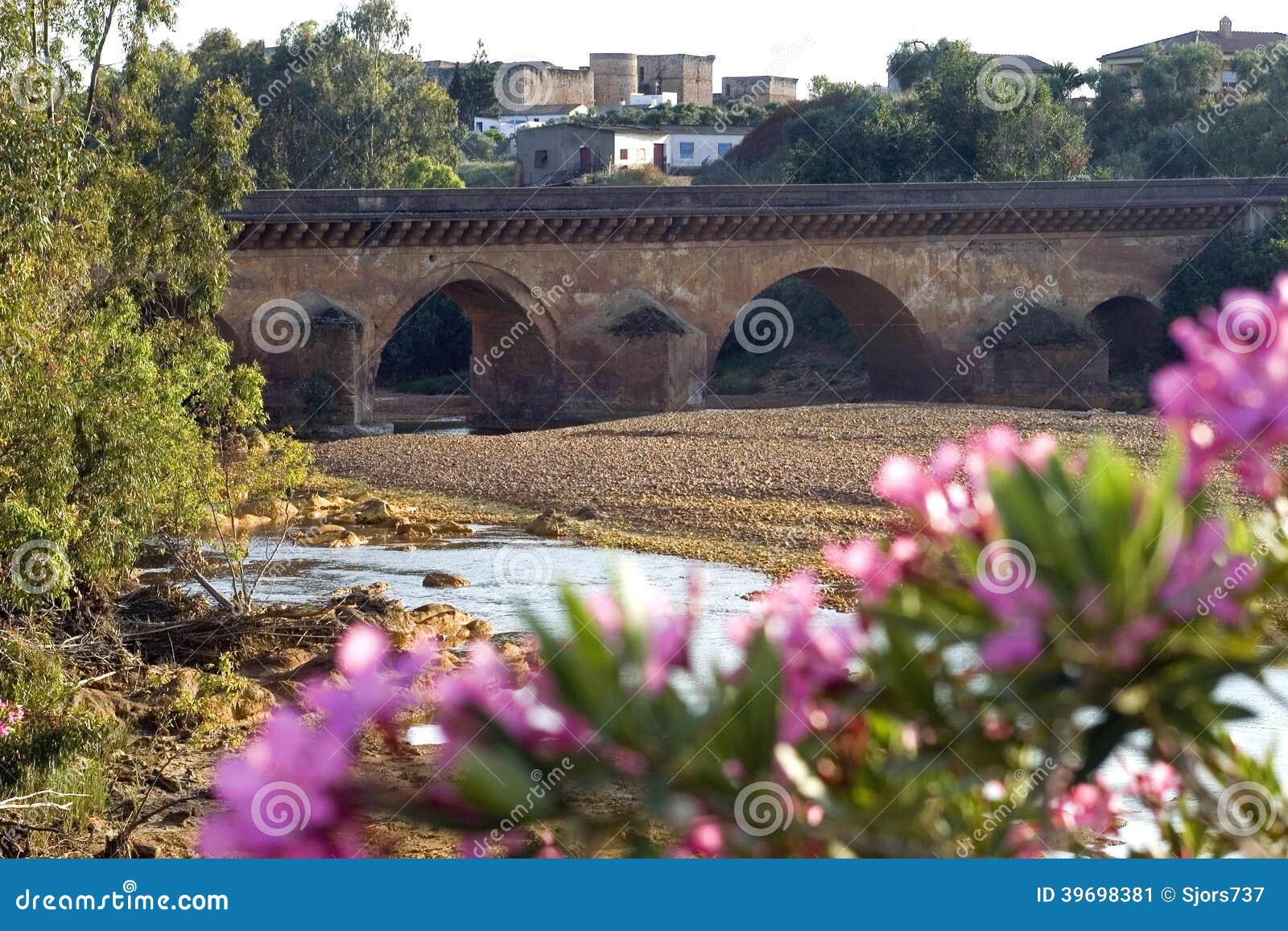 ancient bridge, dry riverbed, city niebla, spain