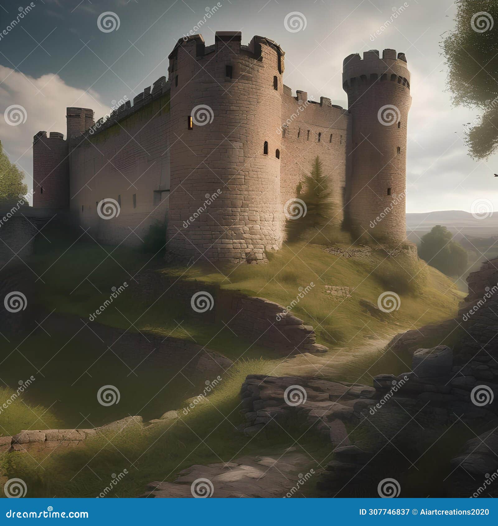 an ancient castle with weathered stone walls and a sense of history, hinting at knights and medieval battles2