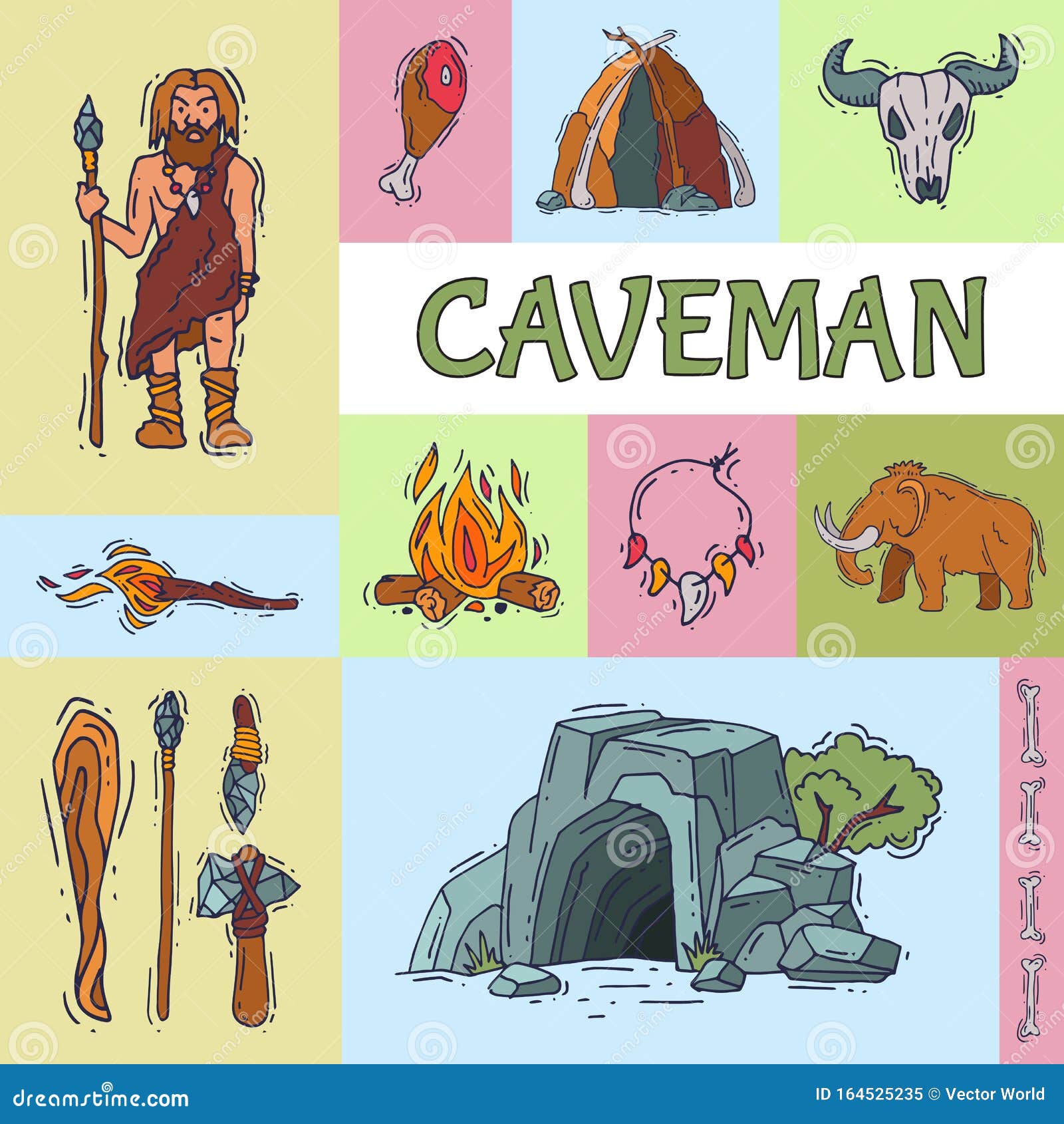 ancient caveman, his cave and tools for hunting. anciently human of stoneage, historic primitive dweller 