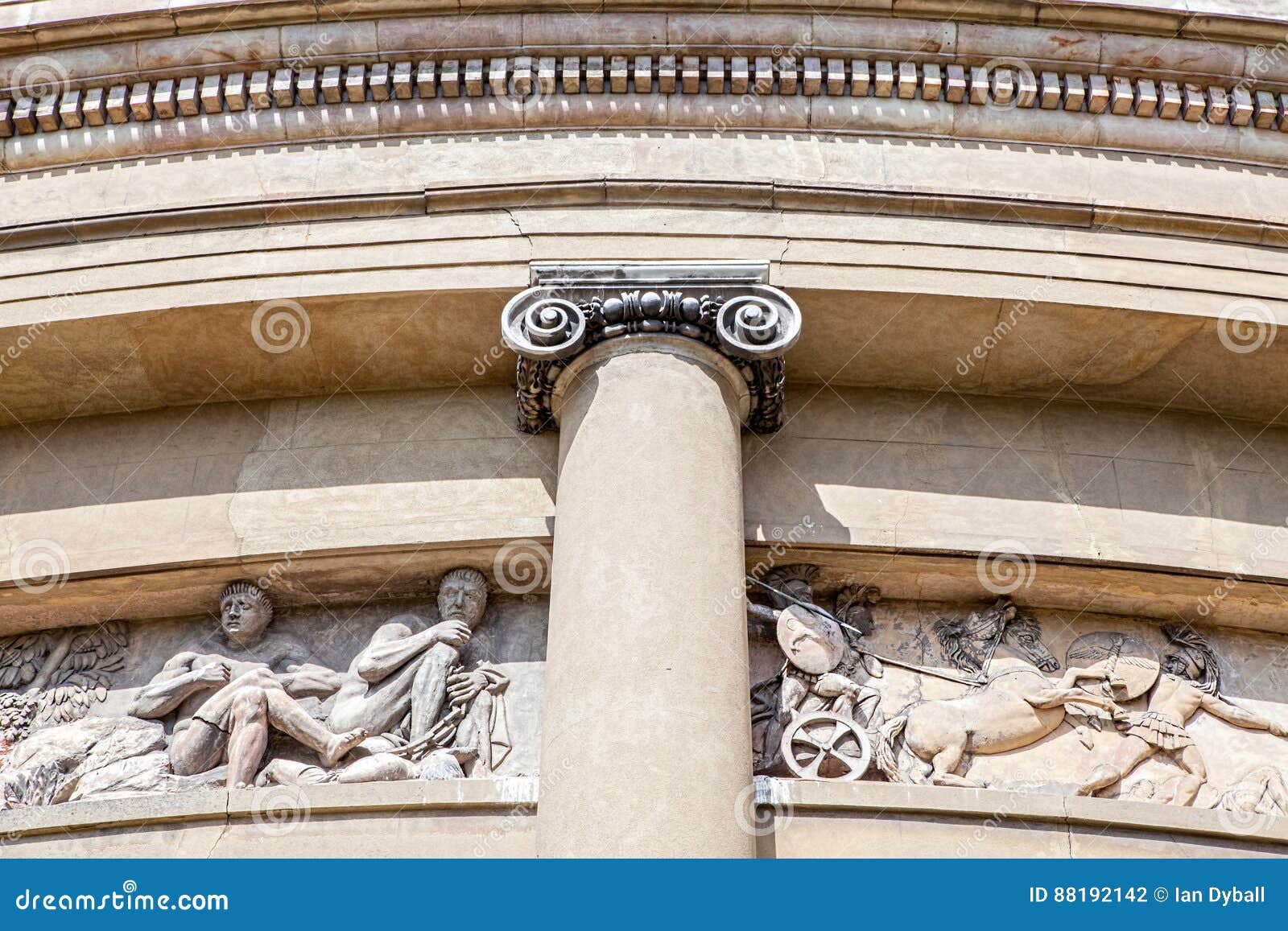 Ancient Classical Architecture. Ionic Column. Roman Soldier. Stock