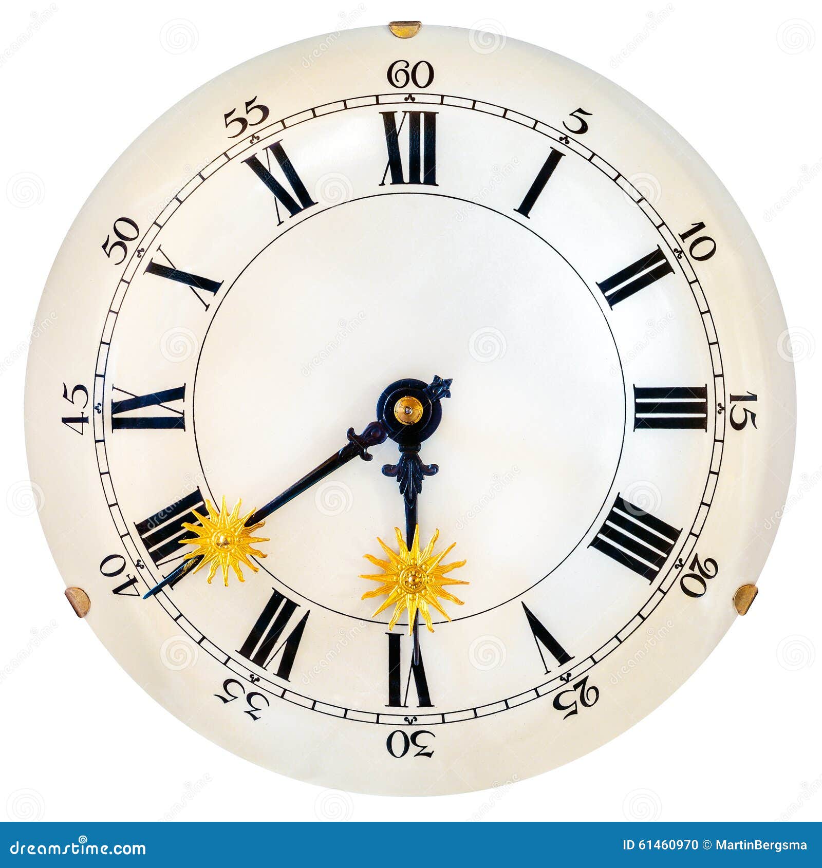 Ancient Clock Face with Small Golden Sun Clock Hands Stock Photo