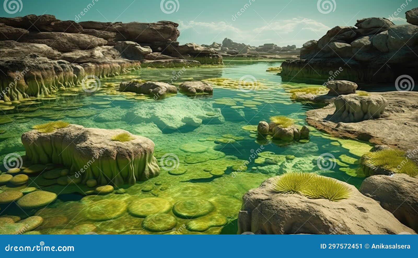 ancient coastal landscape with first lifeforms in shallow pools of water. generative ai