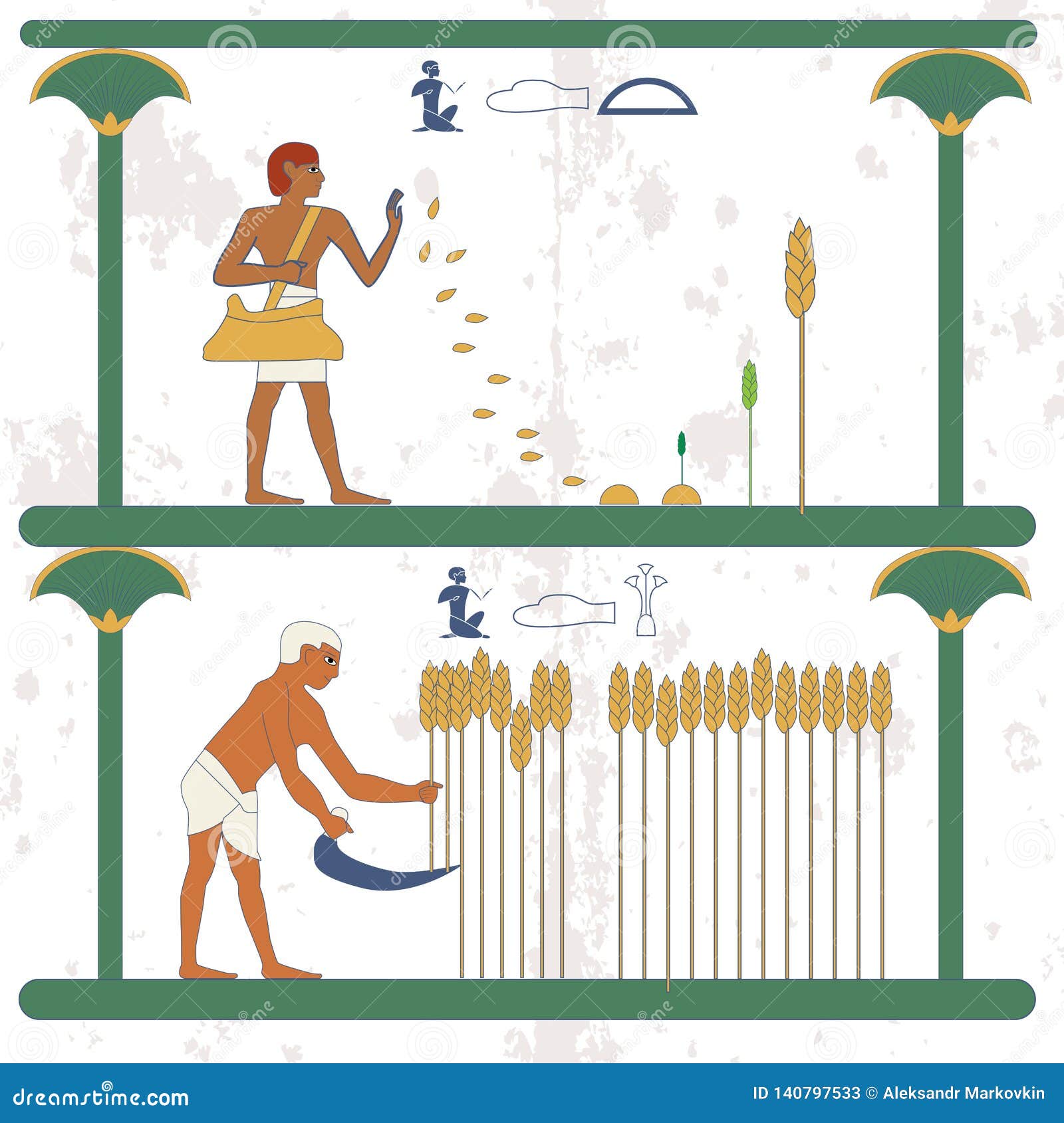 Ancient Egypt Background. Man Sows Wheat on the Field. a Man Reaps a ...