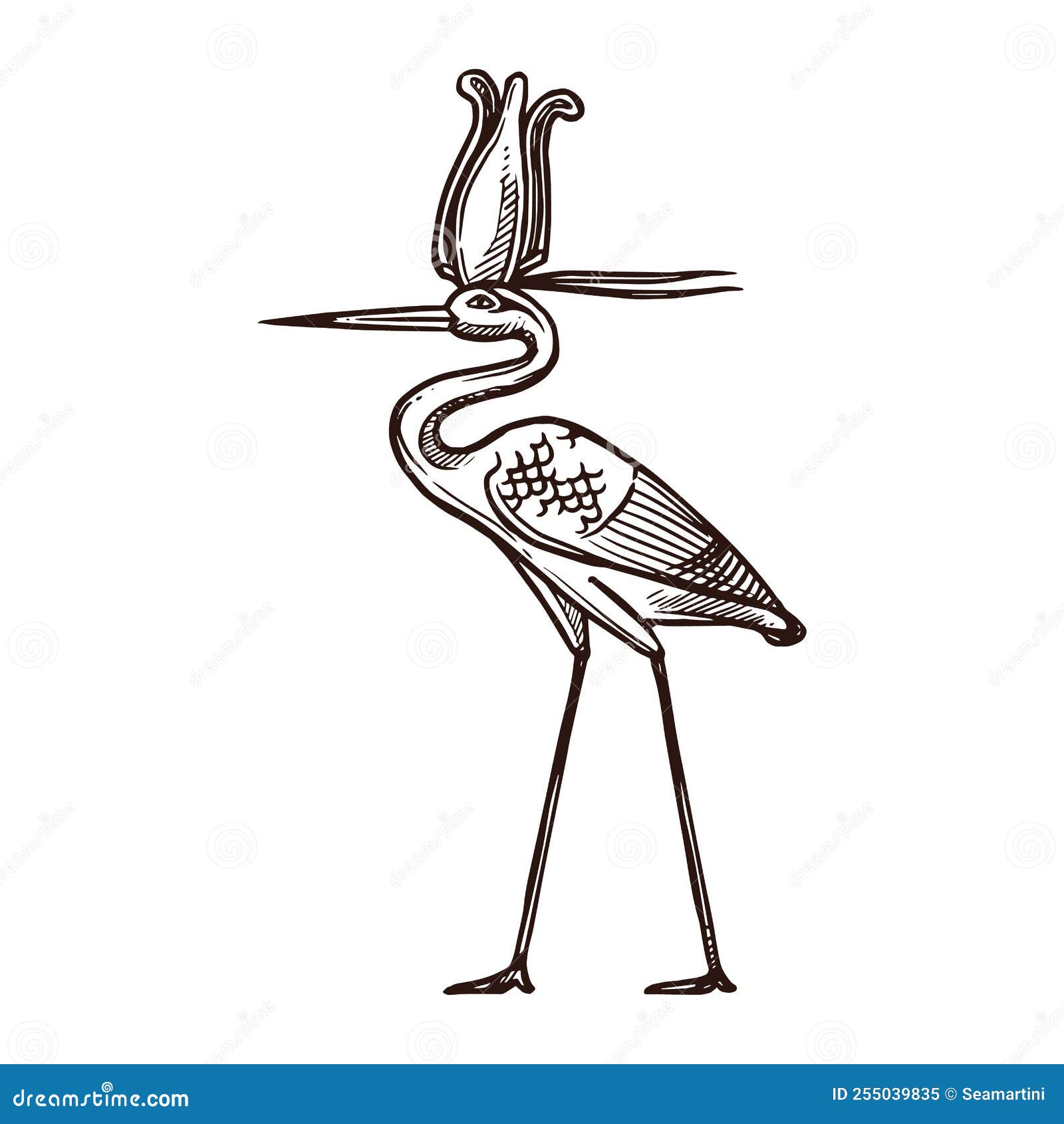 Ancient Egypt, Bennu Heron, Sacred Deity in Sketch Stock Illustration