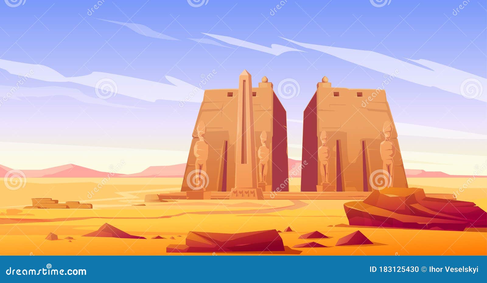 Ancient Egyptian Temple with Statue and Obelisk Stock Illustration ...
