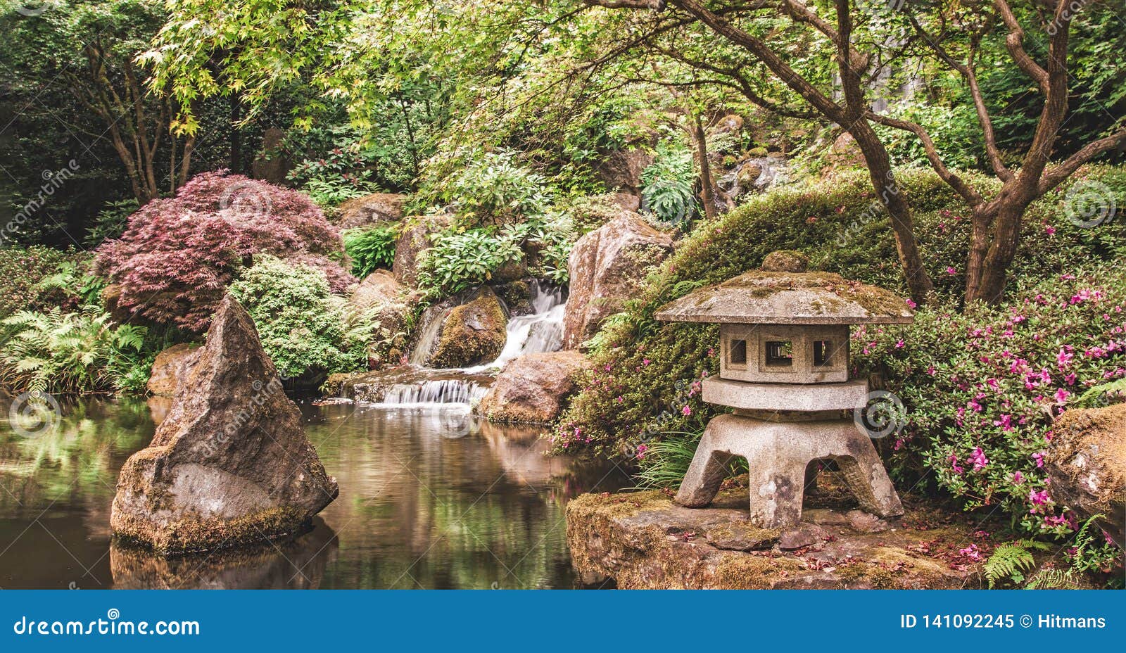 A Lantern And Waterfall In The Portland Japanese Garden Stock