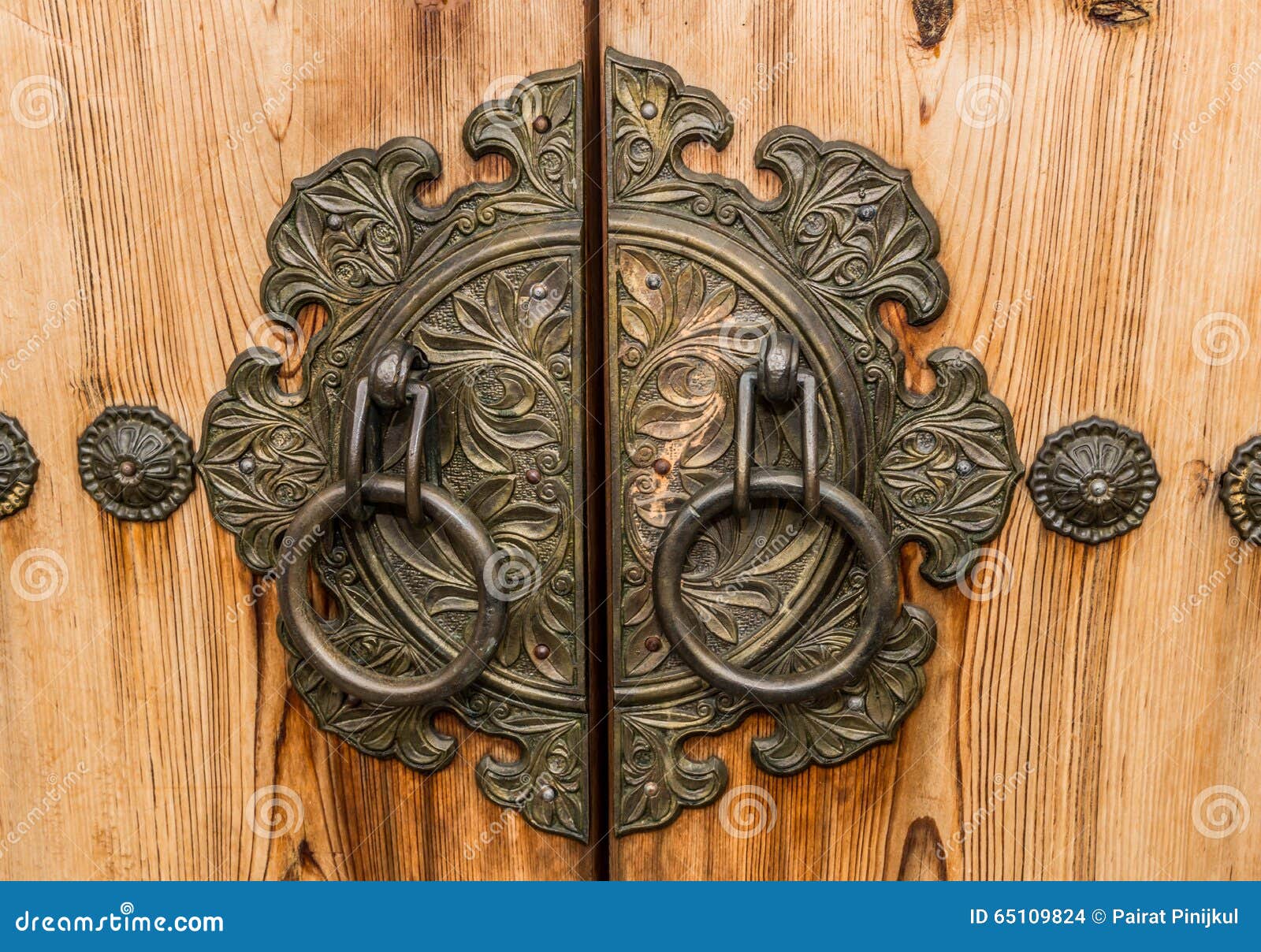 Ancient Gate and Door Lock of Korean Palace Closeup. Stock Photo