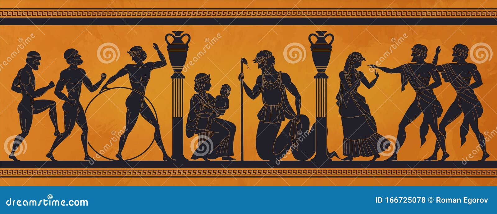 ancient greece mythology. antic history black silhouettes of people and gods on pottery.  archeology pattern