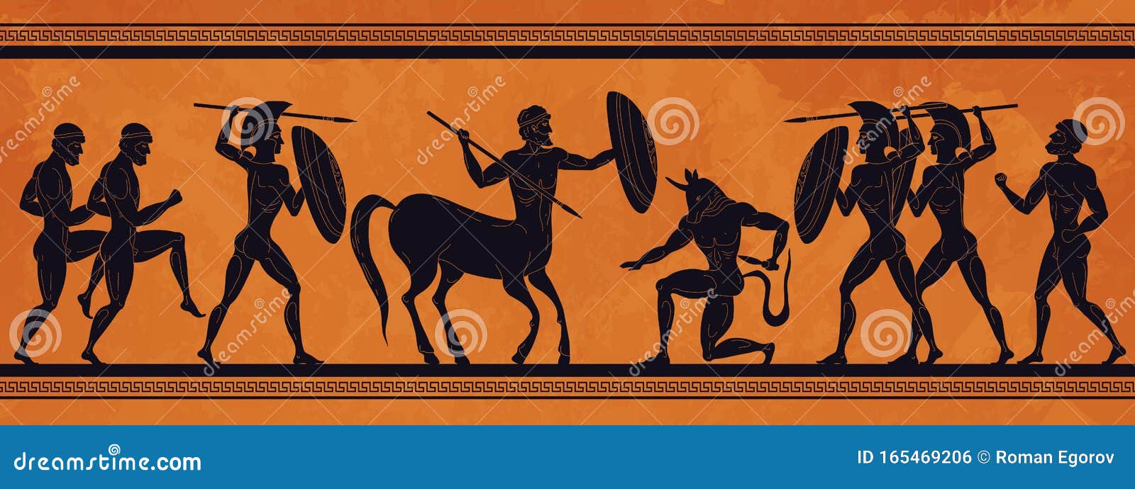 ancient greece scene. historic mythology silhouettes with gods and centaurs, figures and pattern for ancient amphora