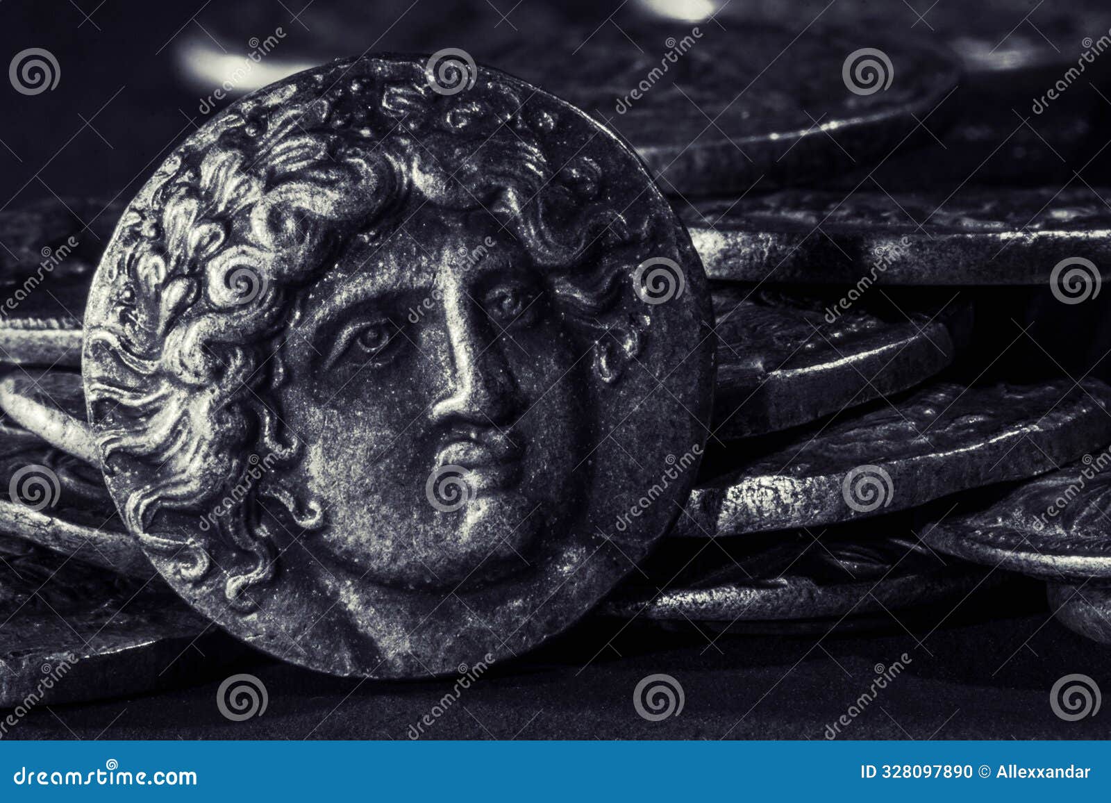 ancient greek coin showing head of apollo and lighted torch, silver tetradrachm